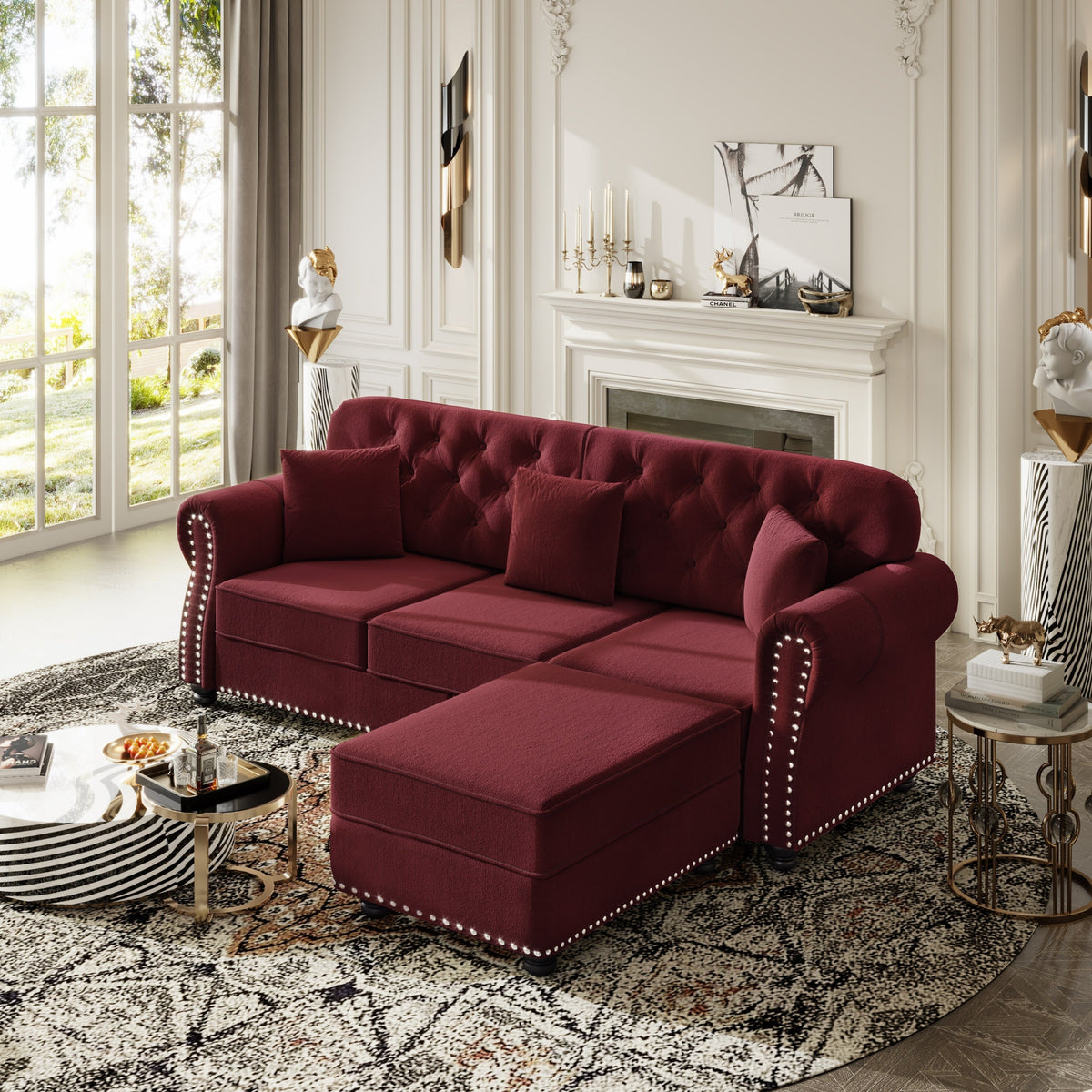 82.6'Upholstered Velvet Sofa with Nailhead Trim and Rolled Armrests,Mid-Century Modern Chesterfield Sofa with Button Tufted,Includes 3 Pillows,Burgundy