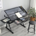 Black adjustable glass drafting table with stool — front view