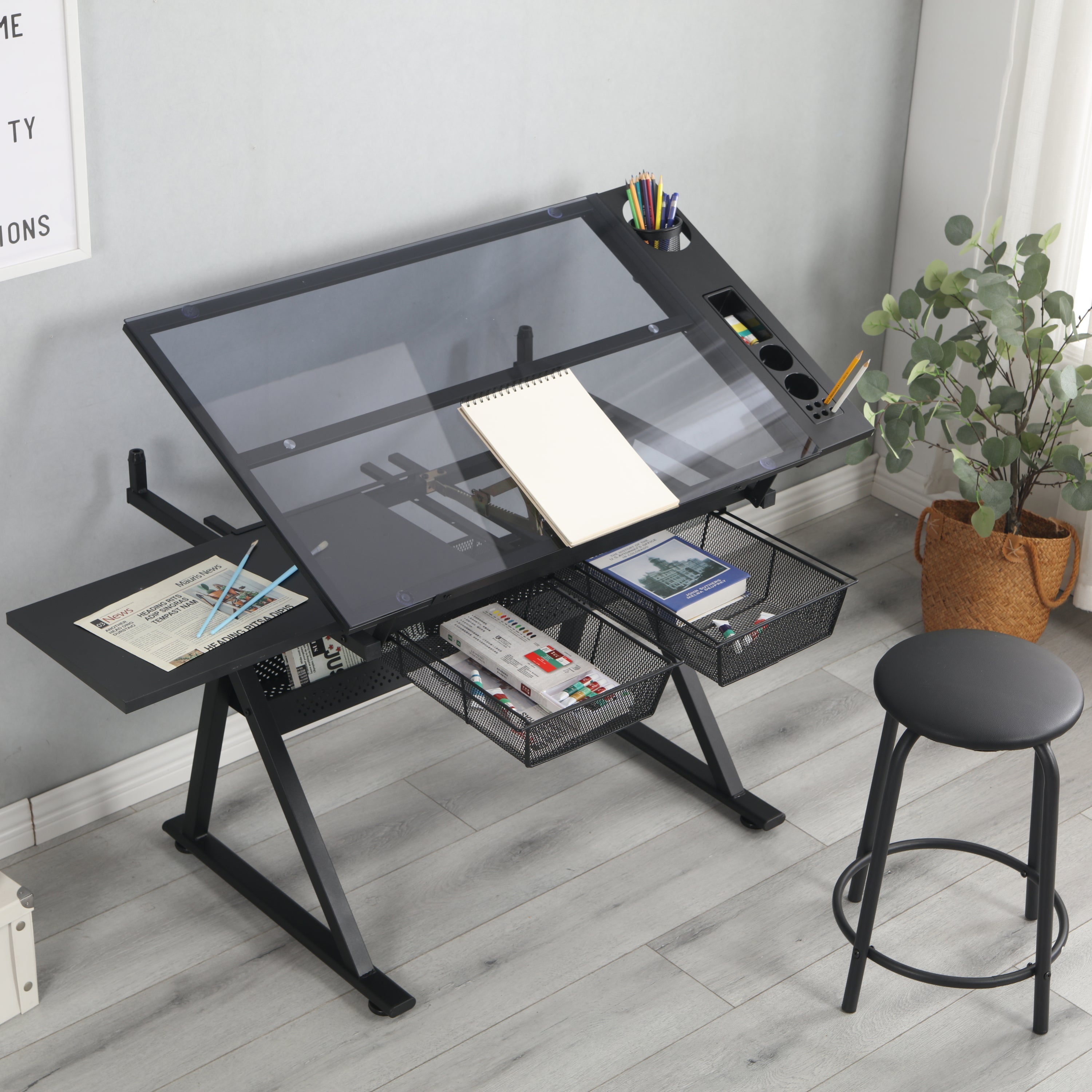 Adjustable Glass Drafting Table with Metal Drawers & Stool