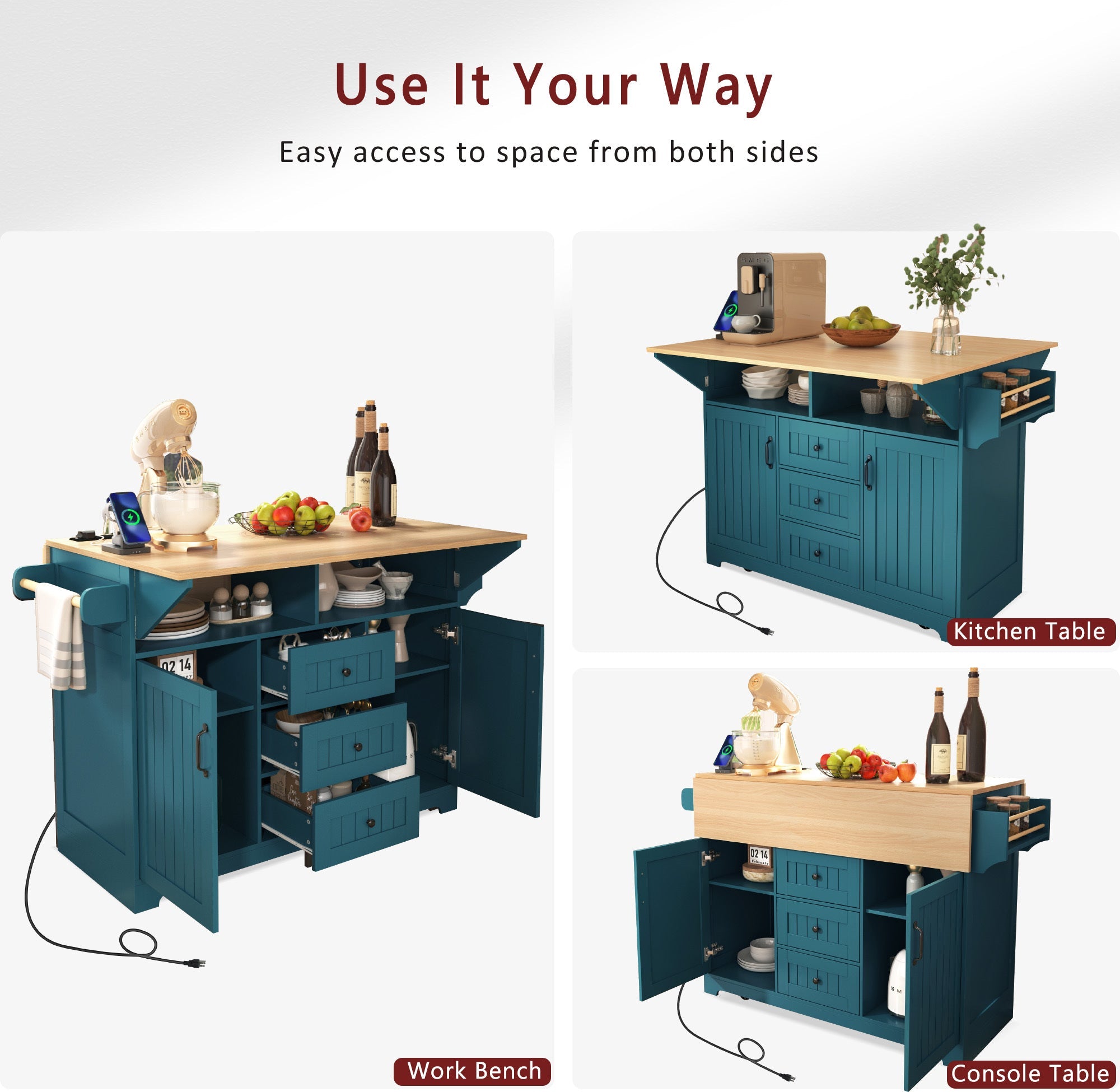 K&K 55.7'' Large Kitchen Island with 2 Drop Leaf,, Rolling Kitchen Cart on 5 Wheels with Power Outlet, Folding Storage Dining Table with Spice & Towel Rack , 3 Drawers, for Kitchen, Dining Room,Black
