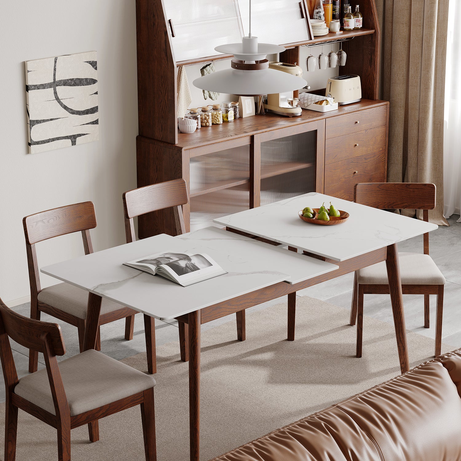 Farmhouse extendable dining table walnut wood grain detail