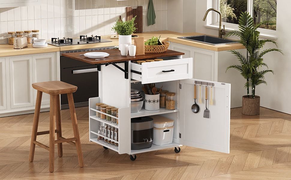 K&K 39.3' Farmhouse Kitchen Island with Drop Leaf, Kitchen Storage Island with Open Side Rack, One Drawer, Towel Rack, Rolling Kitchen Cart with Lockable Wheels for Lawn Garden, Black