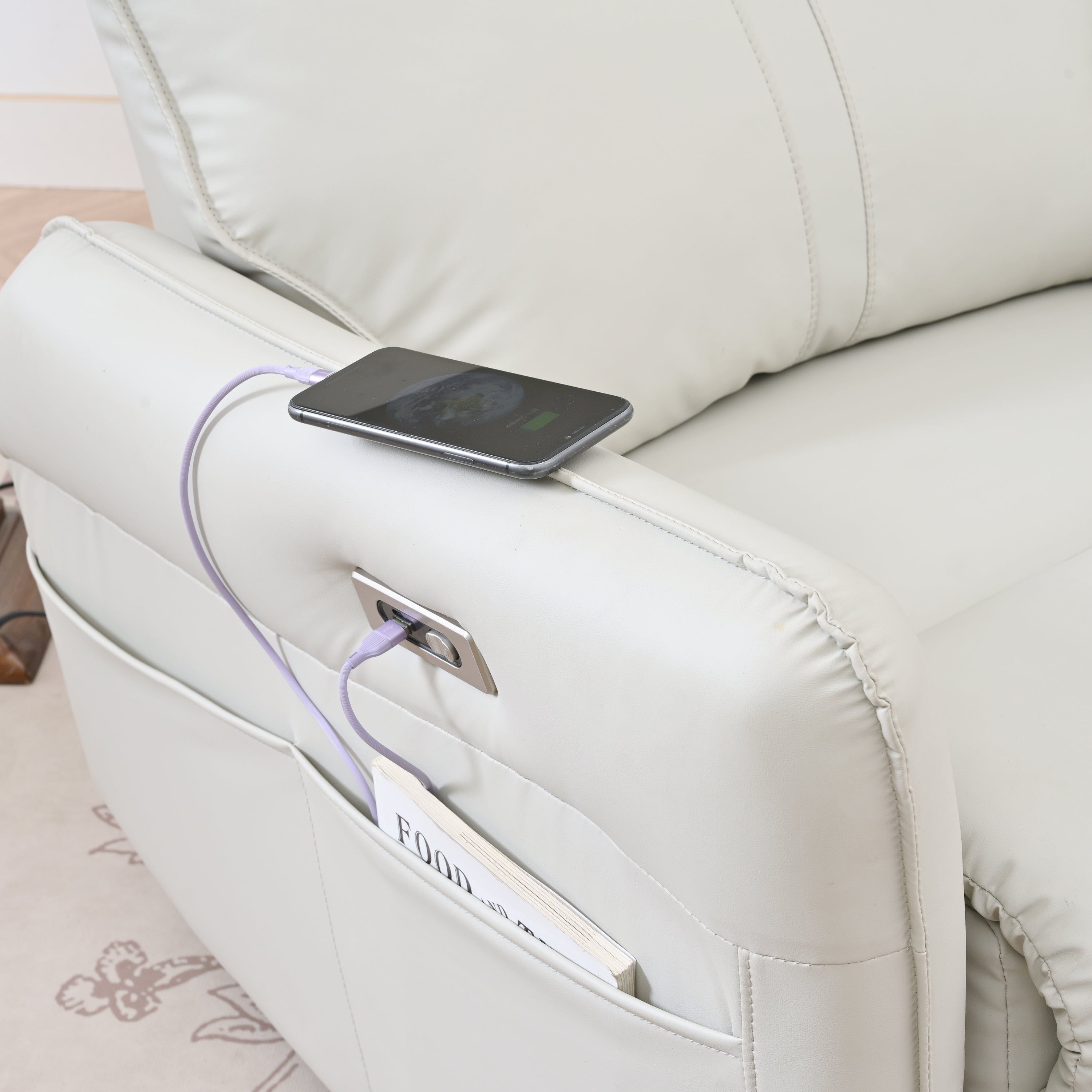 Light gray power recliner chair — top view