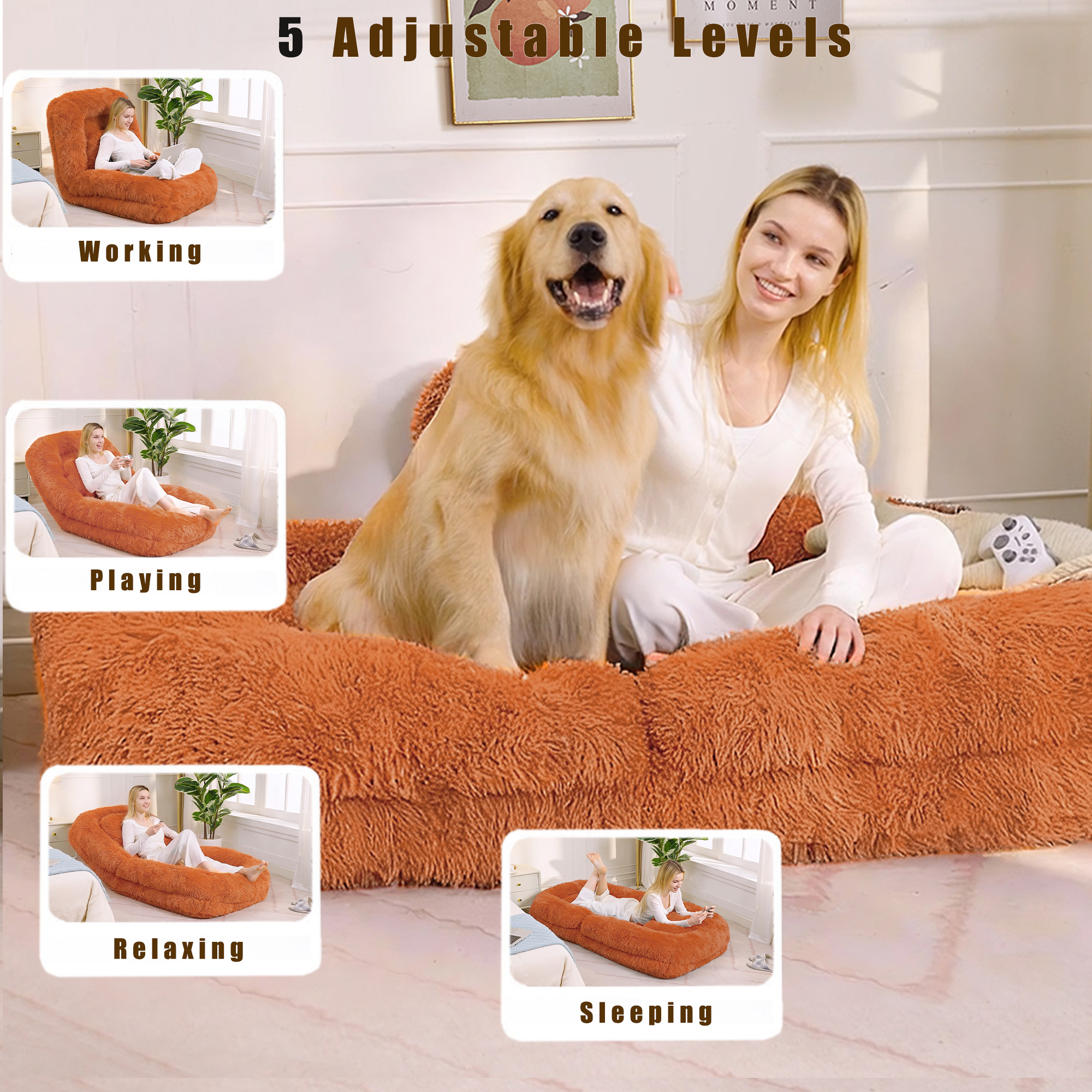 Orange convertible floor sofa laid flat as bed