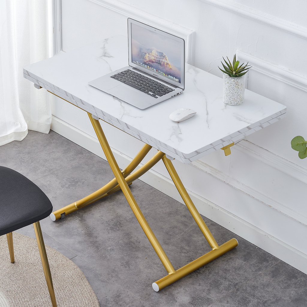 White textured MDF folding table with gold metal legs
