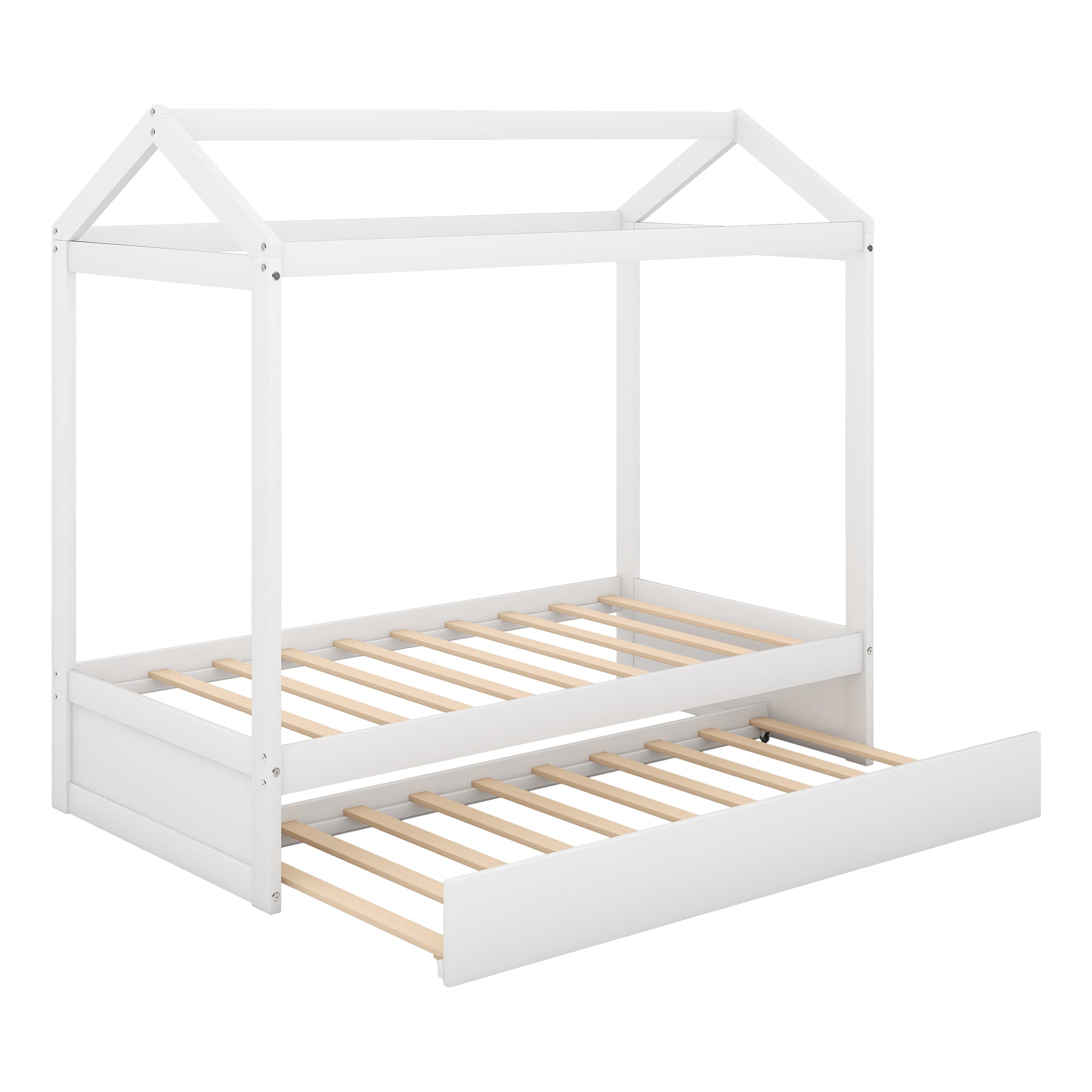 House-shaped twin bed in white pine wood — angle view