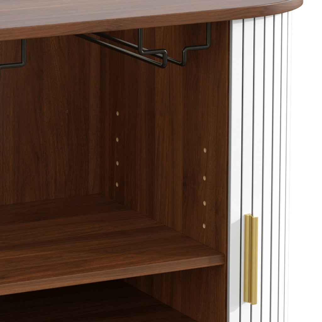 28' Fluted Wine Bar Cabinet with 8-Grid Wine Rack, 5-Level Adjustable Shelves, 2 Glass Holders, Smoothly Sliding Tambour Doors, 4 Hidden Storage Space on the Side, Modern Liquor Coffee Station, Black