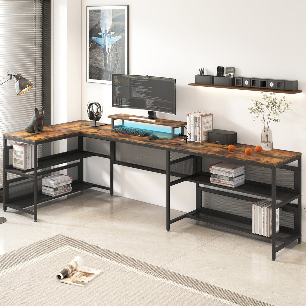 U-shaped gaming desk three desktops and monitor shelf overview