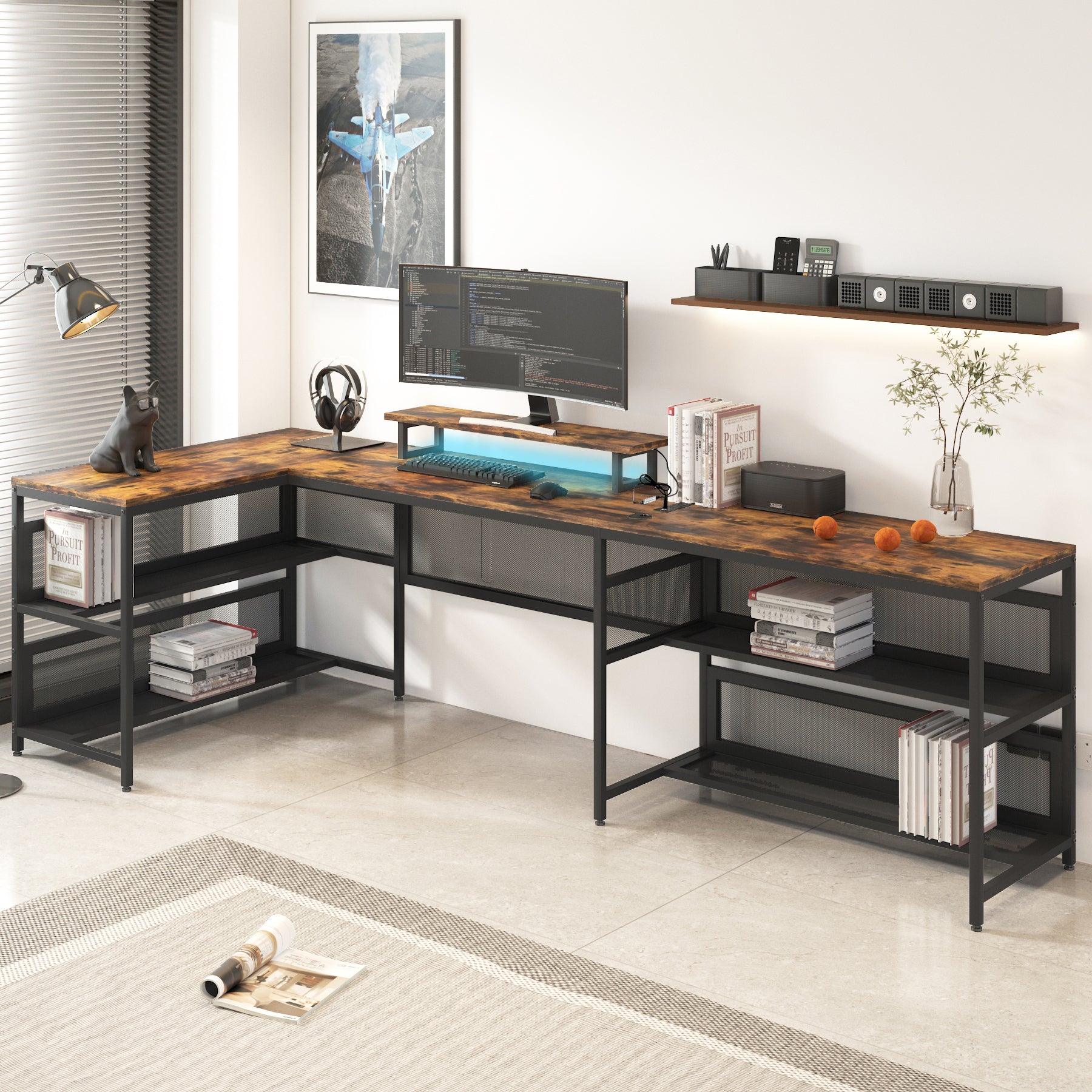 U-shaped gaming desk three desktops and monitor shelf overview