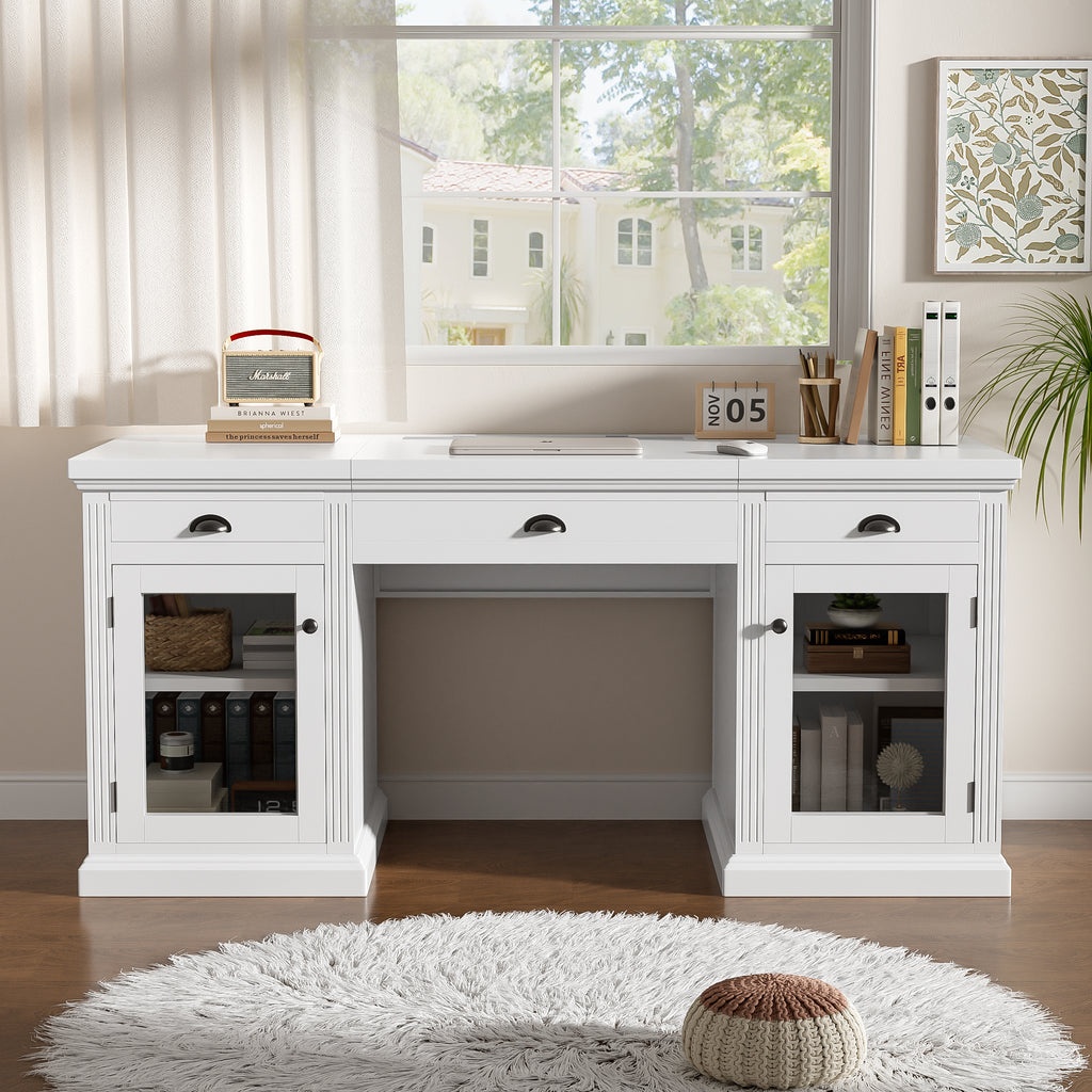 White executive desk desktop workspace with monitor area