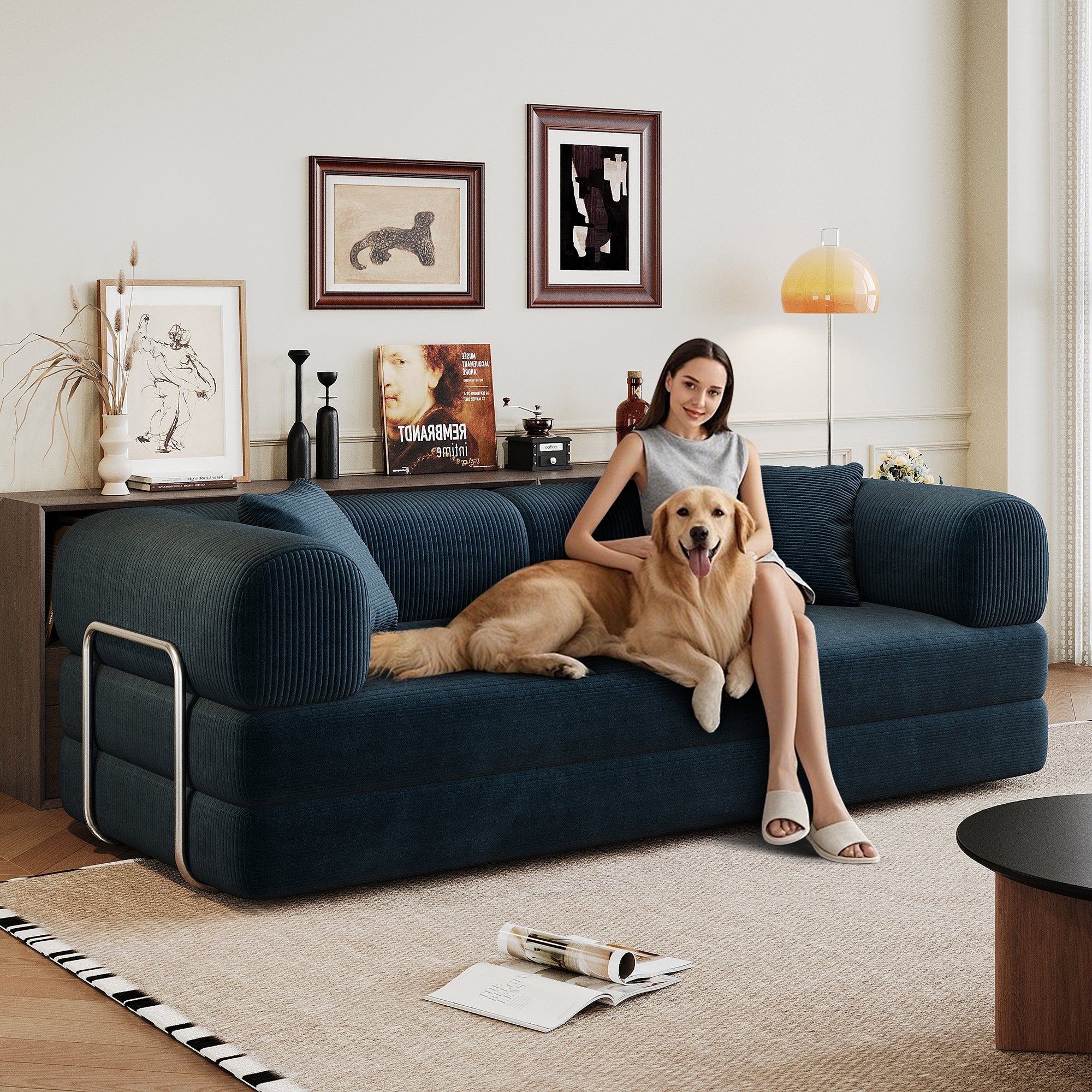 Corduroy Compression Convertible Floor Sofa Bed — Modular Loveseat, 78.8" Wide