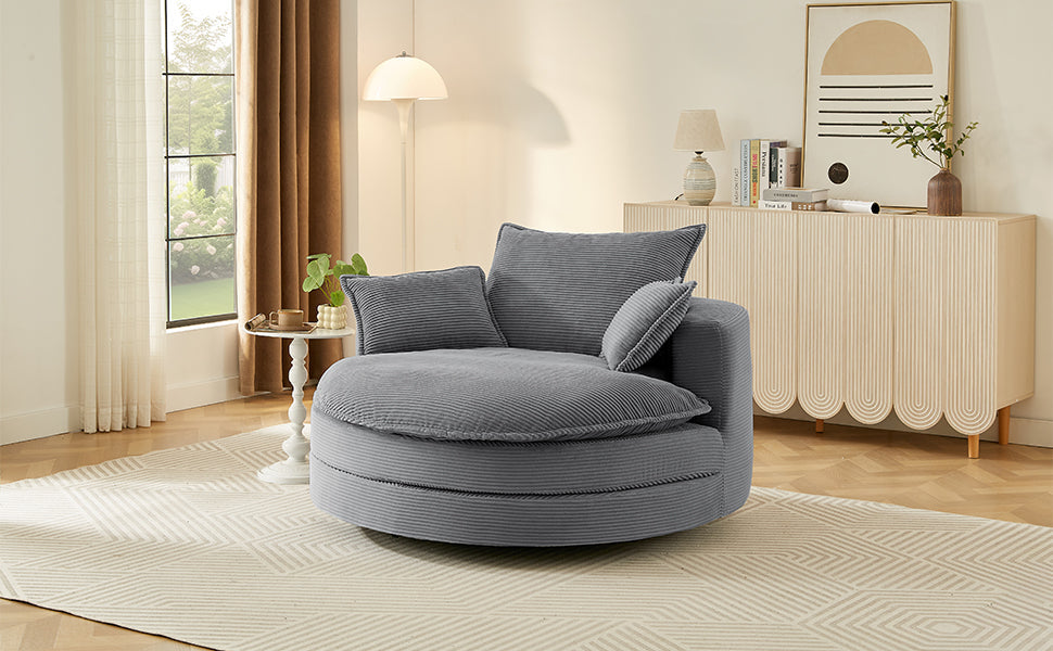 Blue Corduroy 360° Swivel Barrel Accent Chair with Dual-Layer Cushion & 3 Pillows