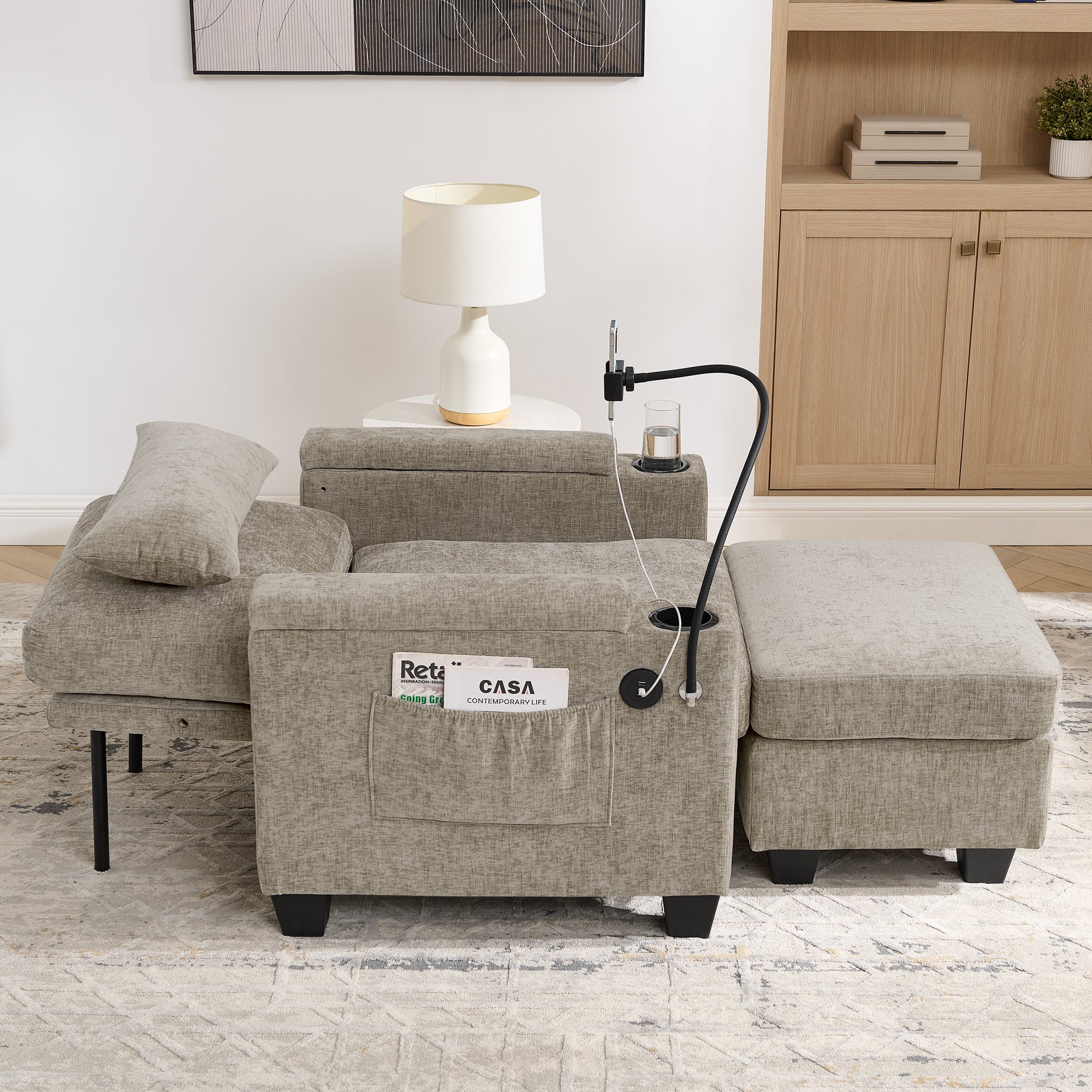 Recliner chair with dual cup holders and USB port — armrest detail