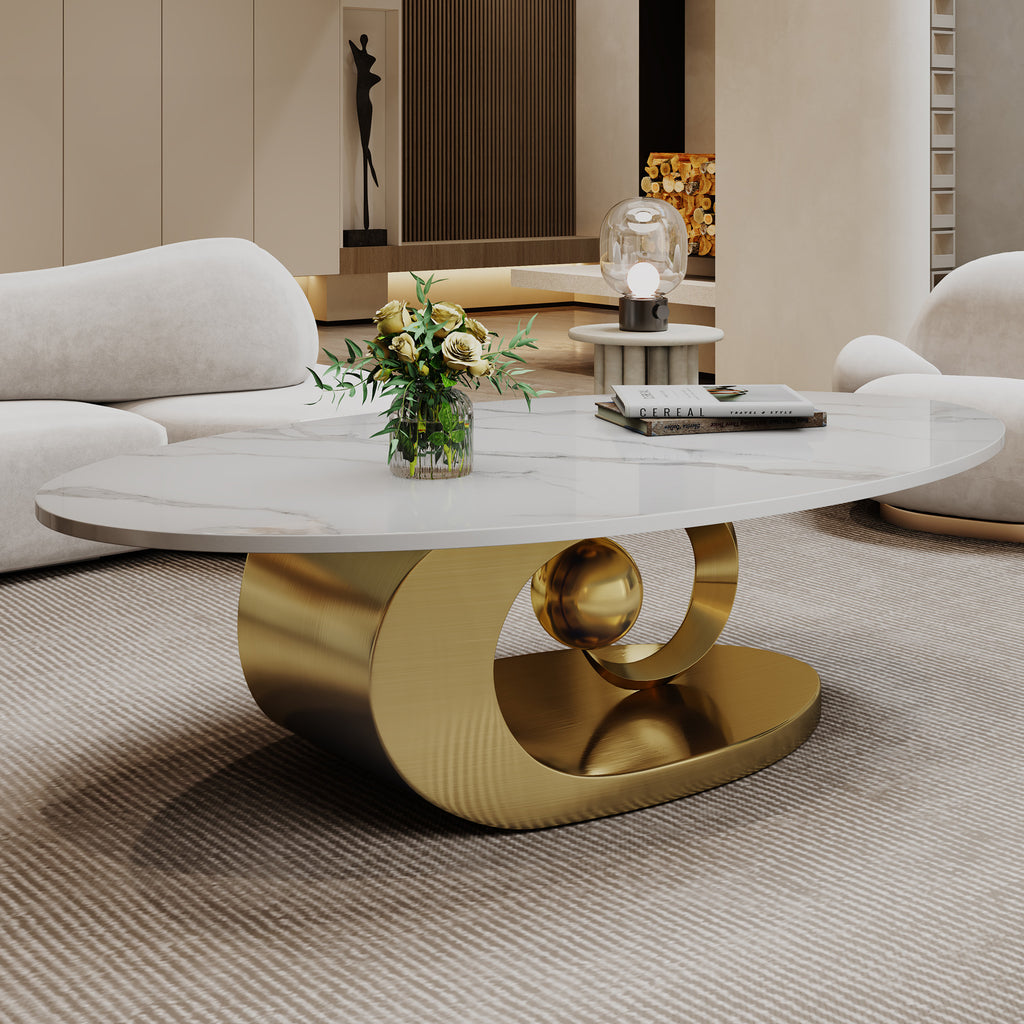 Gold white faux marble oval coffee table stainless steel base — front view