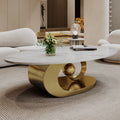 Gold white faux marble oval coffee table stainless steel base — front view