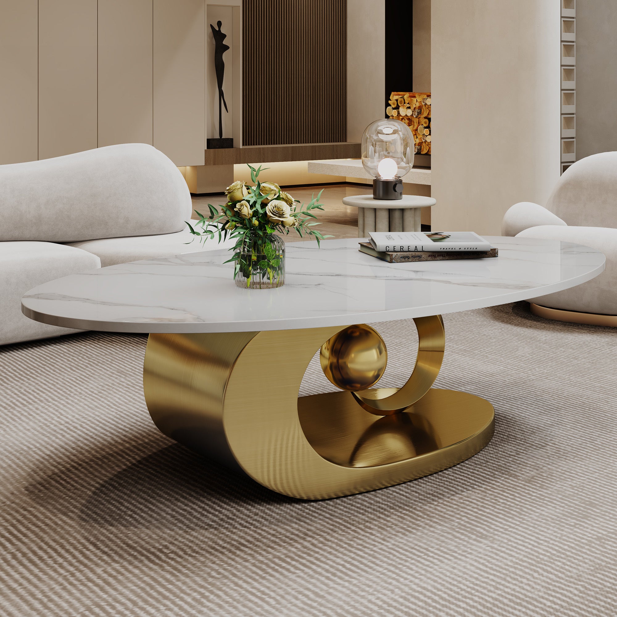 Gold white faux marble oval coffee table stainless steel base — front view