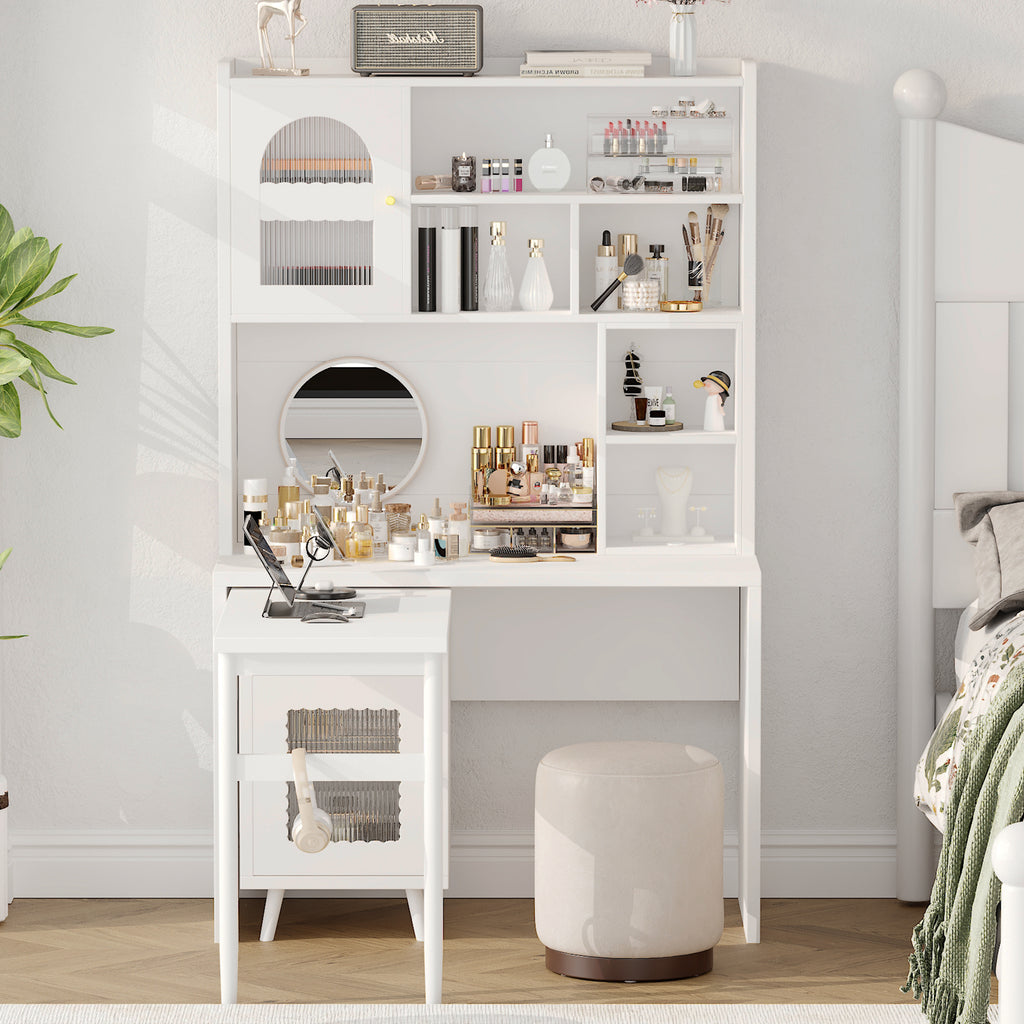White office desk with glass cabinet doors and storage shelves — angle view
