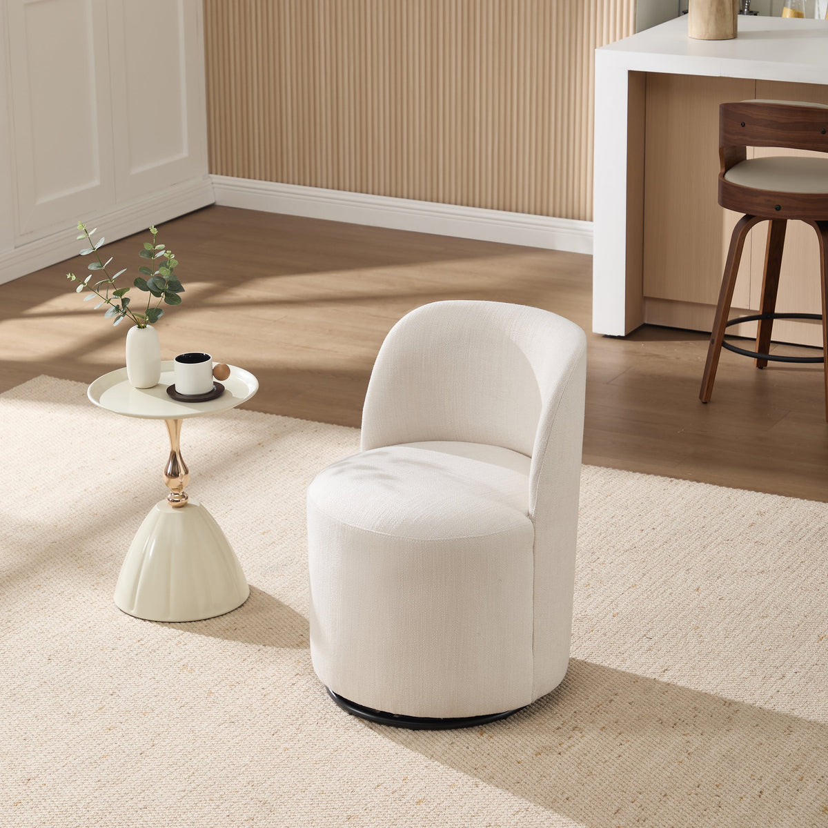 Set Of 1 Upholstered Kitchen & Dining Room Barrel Chair, Mid Century Modern Round Linen Dining Chair, 360 Degree Swivel Comfy Armless Accent Makeup Vanity Side Chair for Bedroom Living Room