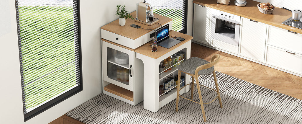 K&K 59.5' Kitchen Island with Extendable Dining Table, Kitchen Storage Table with Double-sided Storage, Kitchen Island with 2 Drawers, Power Outlet, Side Open Shelves, for Kitchen, Dining Room, Black