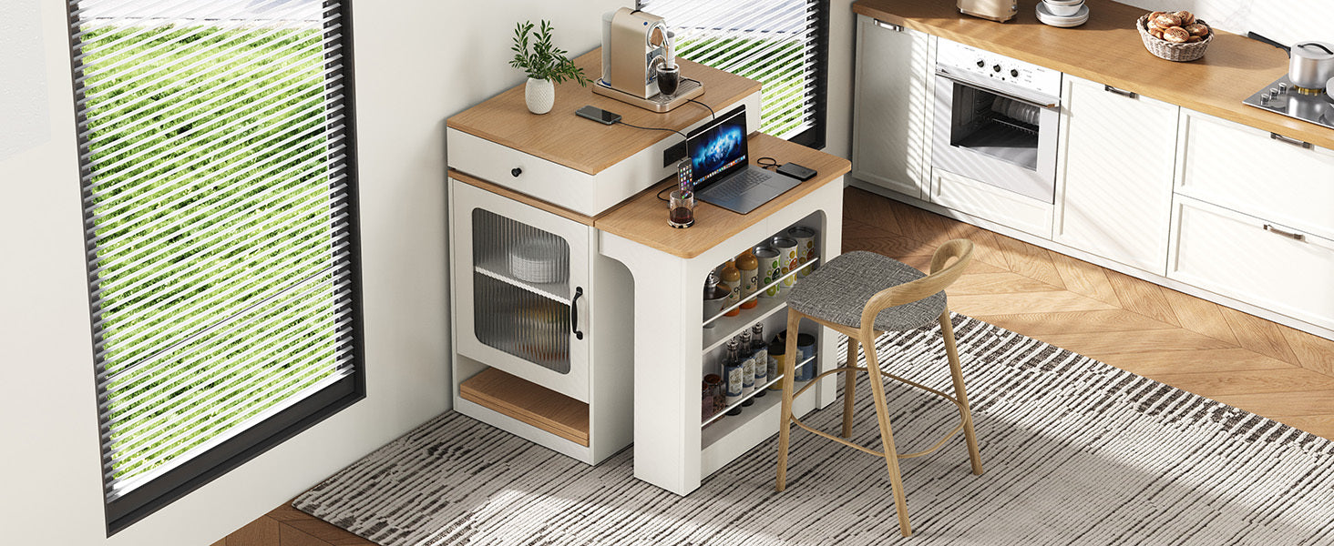 K&K 59.5' Kitchen Island with Extendable Dining Table, Kitchen Storage Table with Double-sided Storage, Kitchen Island with 2 Drawers, Power Outlet, Side Open Shelves, for Kitchen, Dining Room, Black