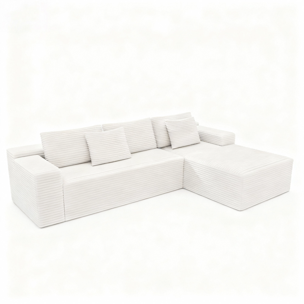 4-seat corduroy sectional in apartment or bedroom setting