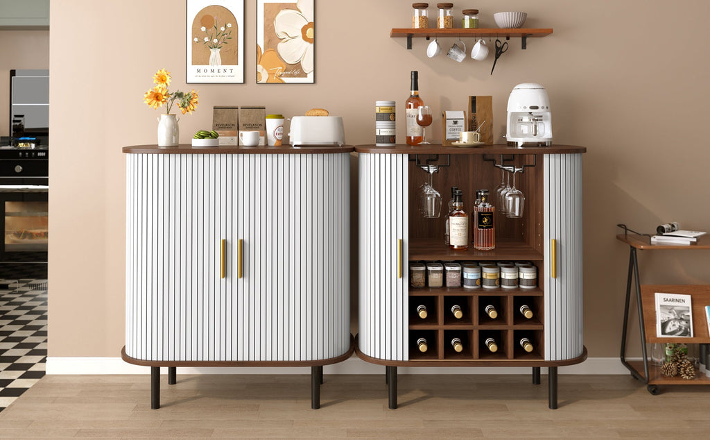 28' Fluted Wine Bar Cabinet with 8-Grid Wine Rack, 5-Level Adjustable Shelves, 2 Glass Holders, Smoothly Sliding Tambour Doors, 4 Hidden Storage Space on the Side, Modern Liquor Coffee Station, Black