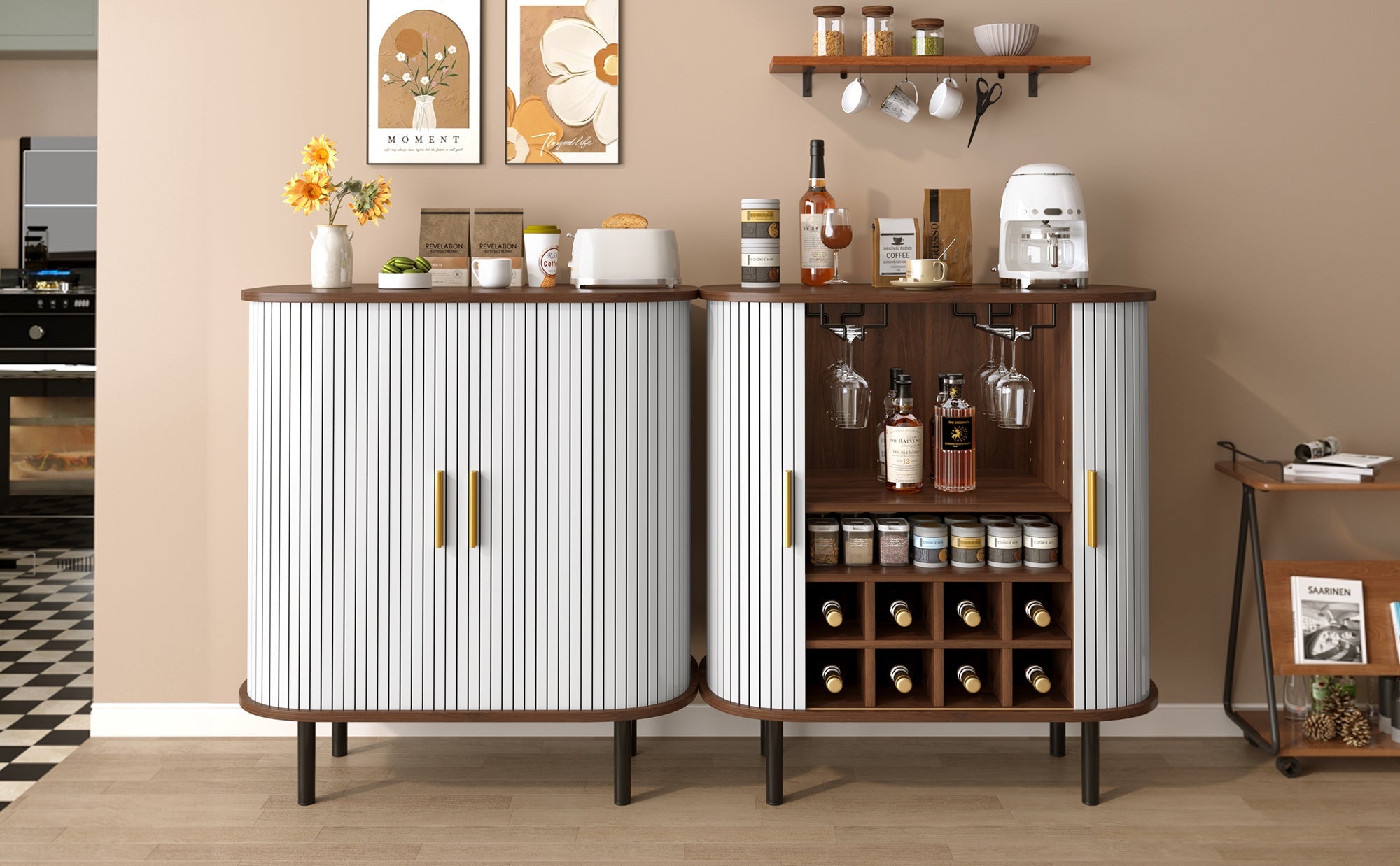 28' Fluted Wine Bar Cabinet with 8-Grid Wine Rack, 5-Level Adjustable Shelves, 2 Glass Holders, Smoothly Sliding Tambour Doors, 4 Hidden Storage Space on the Side, Modern Liquor Coffee Station, Black