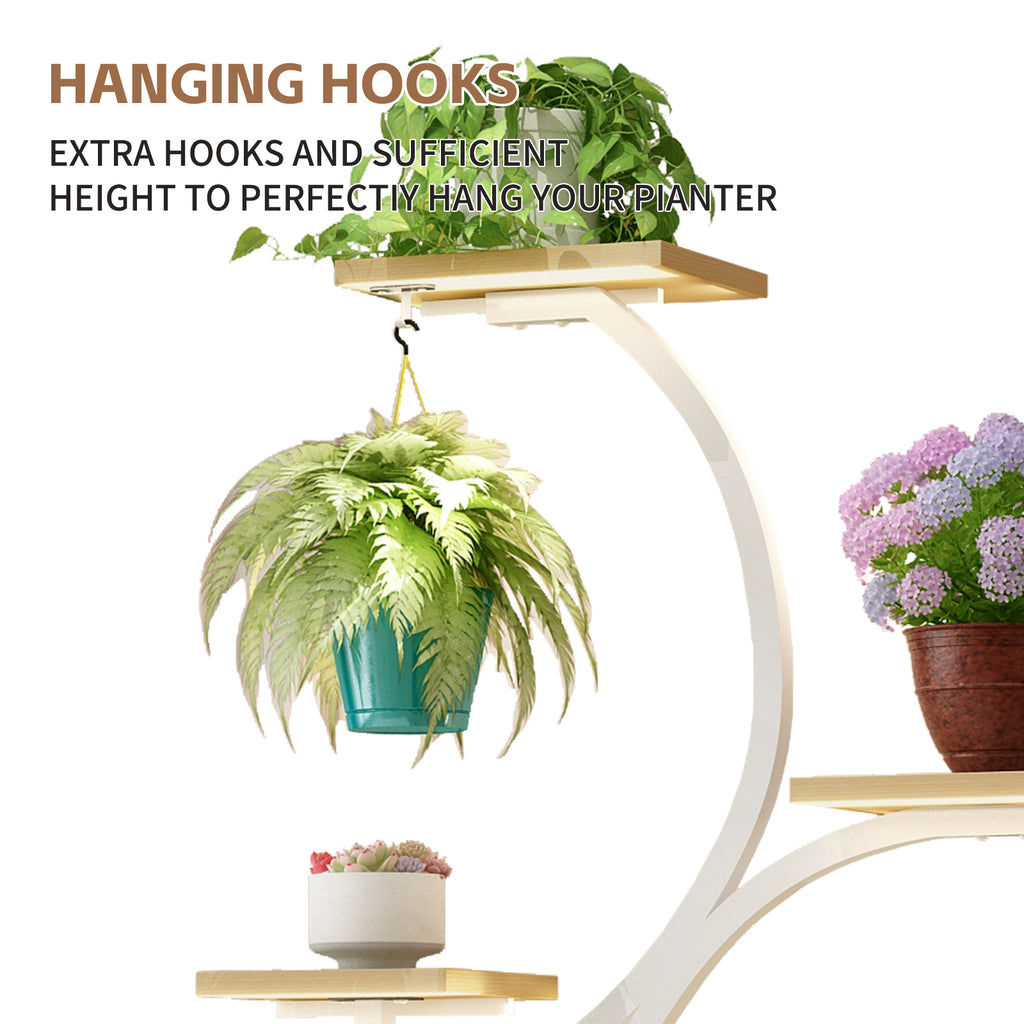 Indoor plant stand 8 pot platforms hanging hook feature