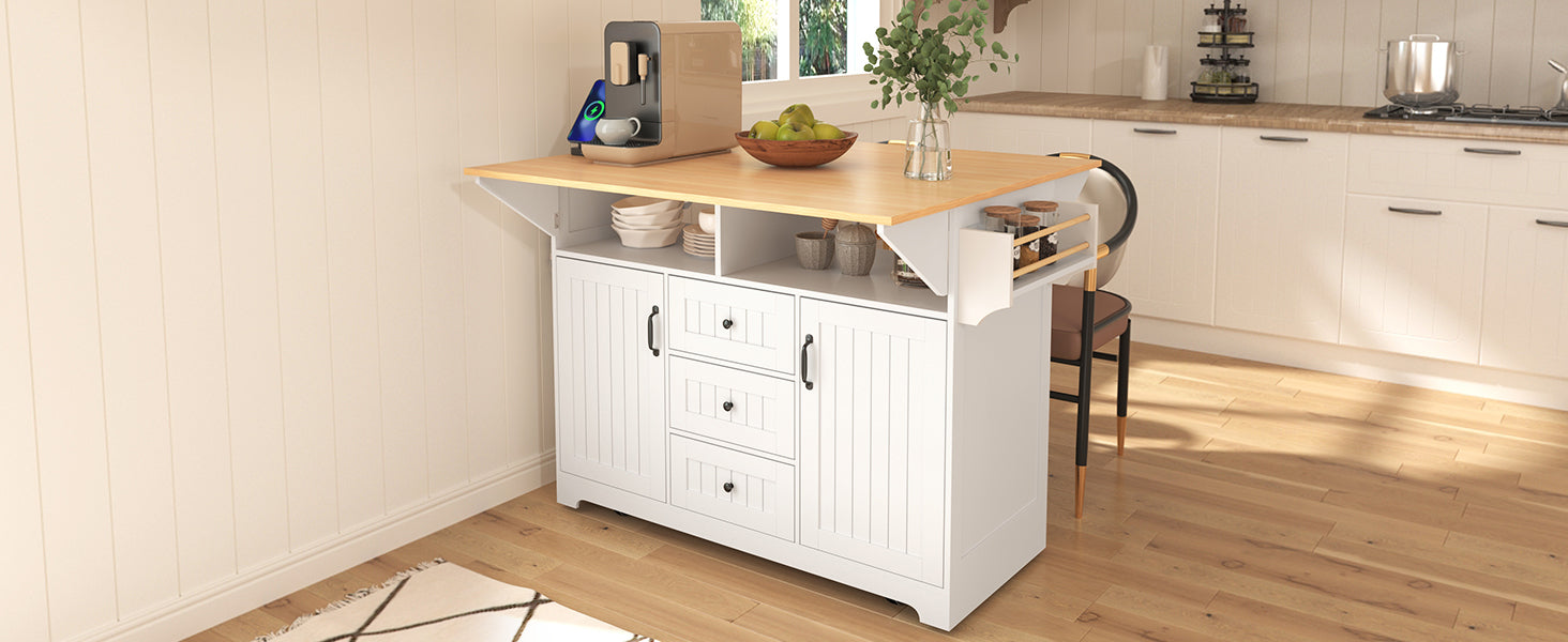 K&K 55.7'' Large Kitchen Island with 2 Drop Leaf,, Rolling Kitchen Cart on 5 Wheels with Power Outlet, Folding Storage Dining Table with Spice & Towel Rack , 3 Drawers, for Kitchen, Dining Room,Black