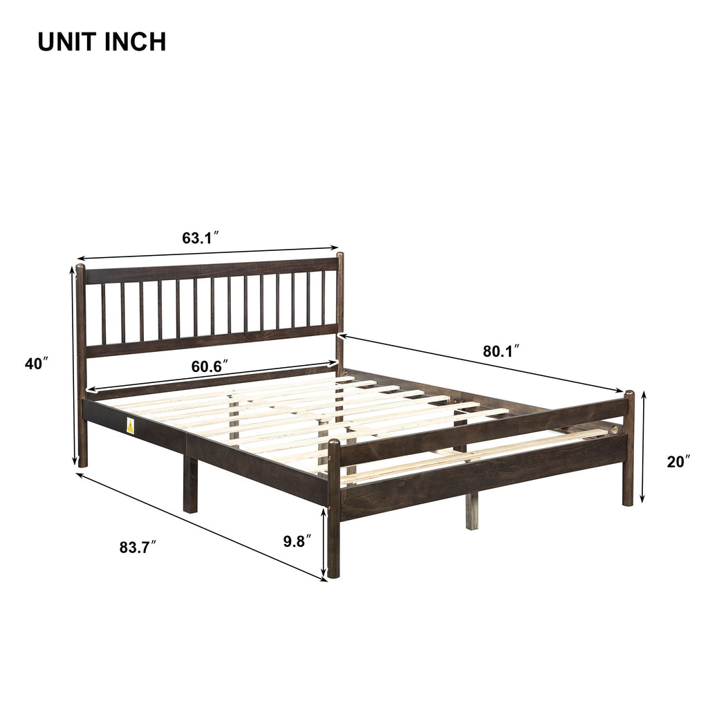 Traditional Style Queen Size Bed with Headboard and Footboard, Pinewood Bed with Strengthened Bed Frame ,Walnut