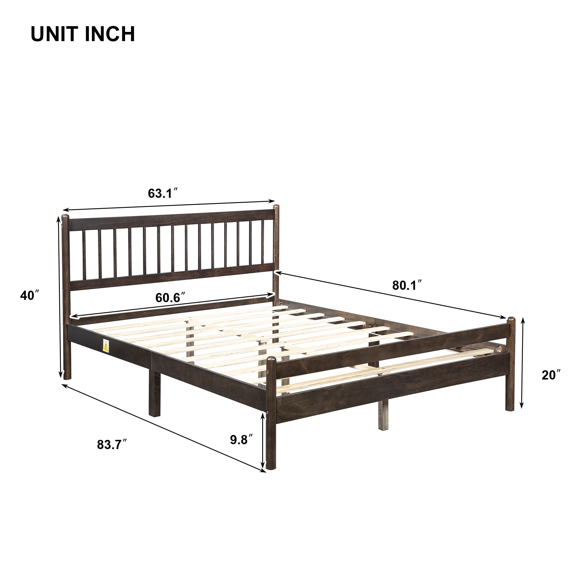 Traditional Style Queen Size Bed with Headboard and Footboard, Pinewood Bed with Strengthened Bed Frame ,Walnut
