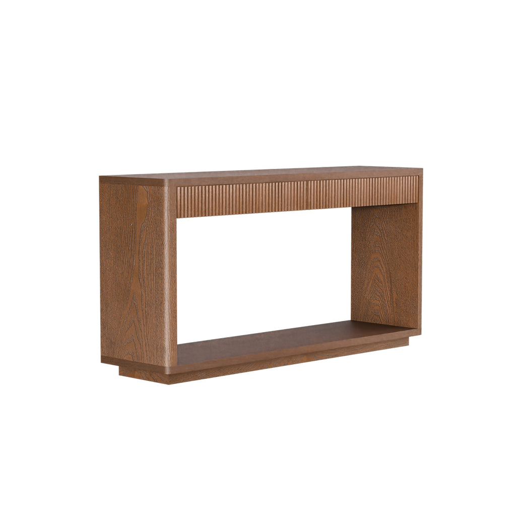 60' Modern 2-Drawer Fluted Console Table Natural Wood Veneer Sofa Table Behind Couch Table for Living Room, Hallway, Entryway, Home Office, Natural Wood