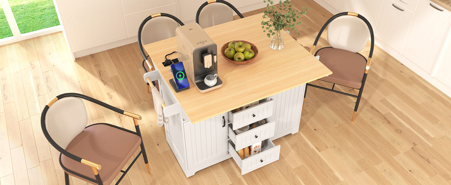 K&K 55.7'' Large Kitchen Island with 2 Drop Leaf,, Rolling Kitchen Cart on 5 Wheels with Power Outlet, Folding Storage Dining Table with Spice & Towel Rack , 3 Drawers, for Kitchen, Dining Room,Black