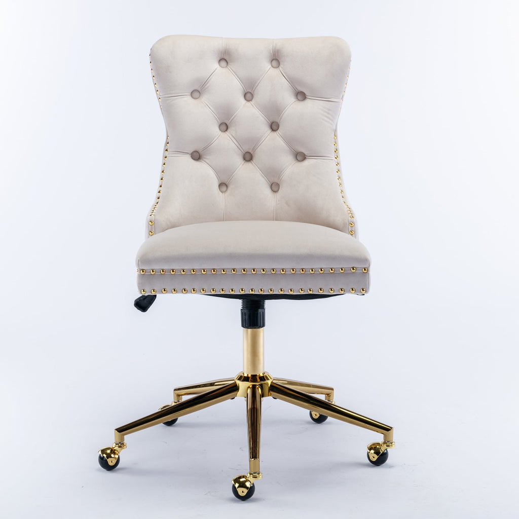 Velvet Office Chair — Button-Tufted with Gold Metal Base & Wheels