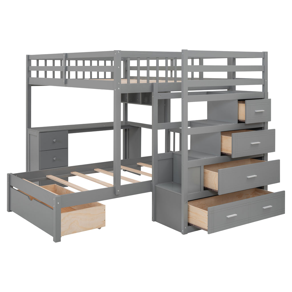 Gray bunk bed three open storage compartments under top bunk