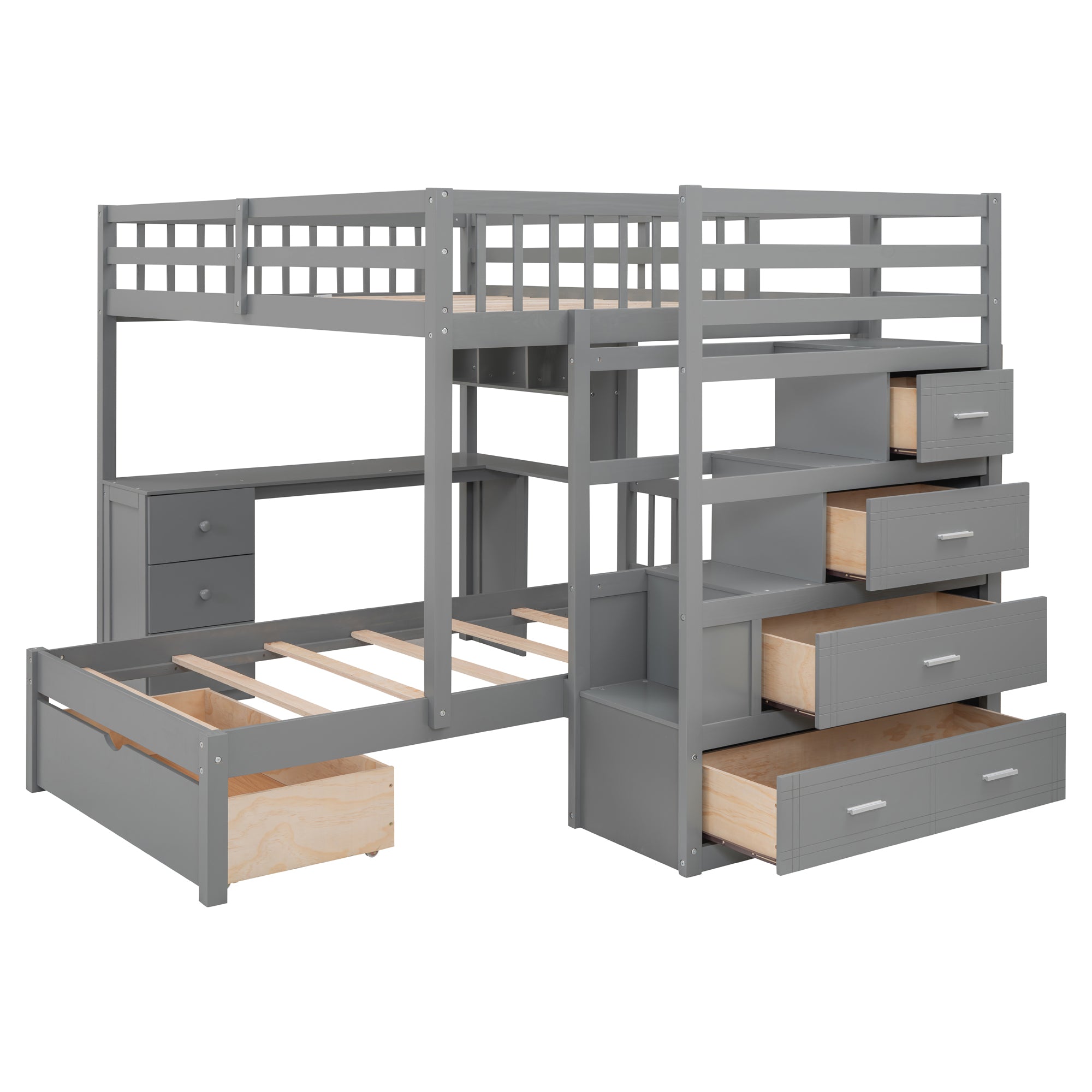 Gray bunk bed three open storage compartments under top bunk
