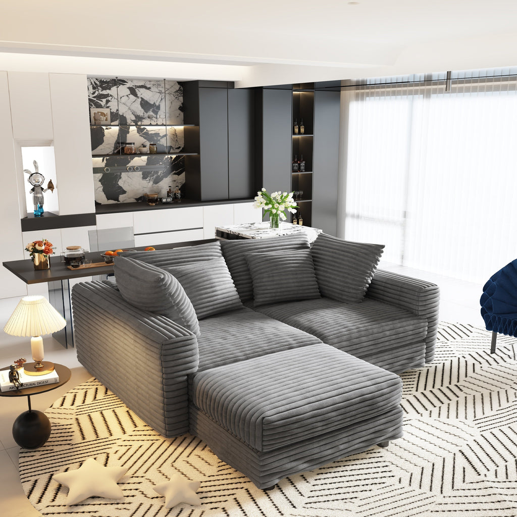102.4 'Plush Corduroy 4-Seat Sofa,Modern Comfy Upholstered Sofa Cloud Couch,Deep Seat Couches with Soft Pillows and 3 Ottomans,Convertible Sofa Lounge Chair,Black(Old SKU:W1885S00287)