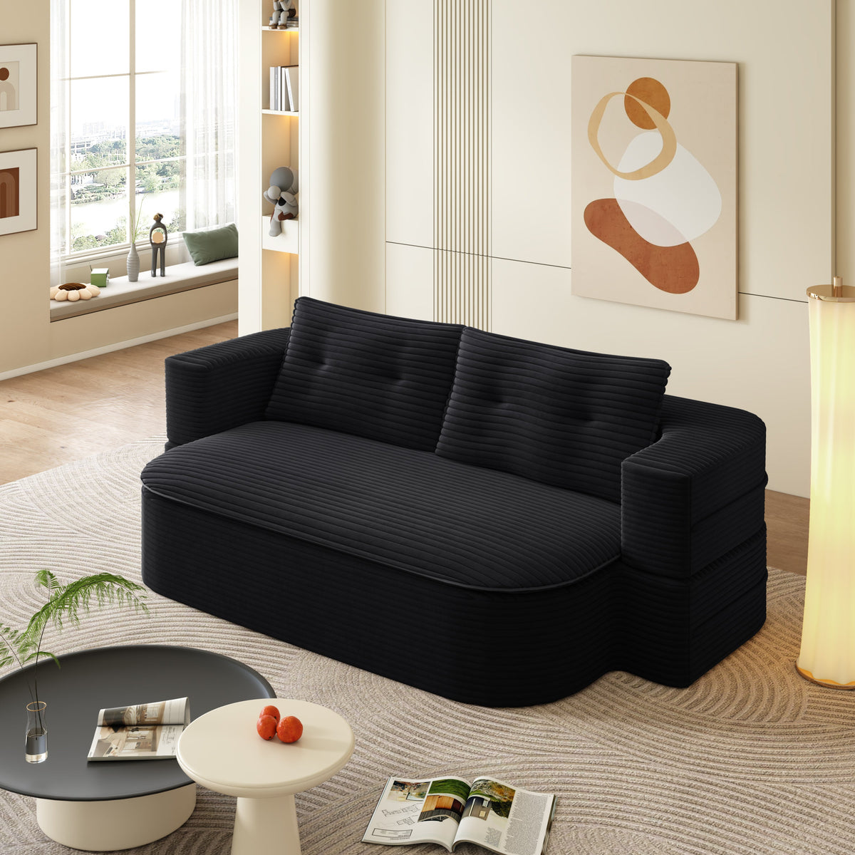 78.7' Modern 2-in-1 Foldable Sofa with Functional Blanket and 2 Soft Pillows,Comfortable Plush Corduroy Fabric Sofa,Convertible Sleeper Sofa Bed,Deep Seat Sofa Couch for Living Room,Bedroom,Baby Pink