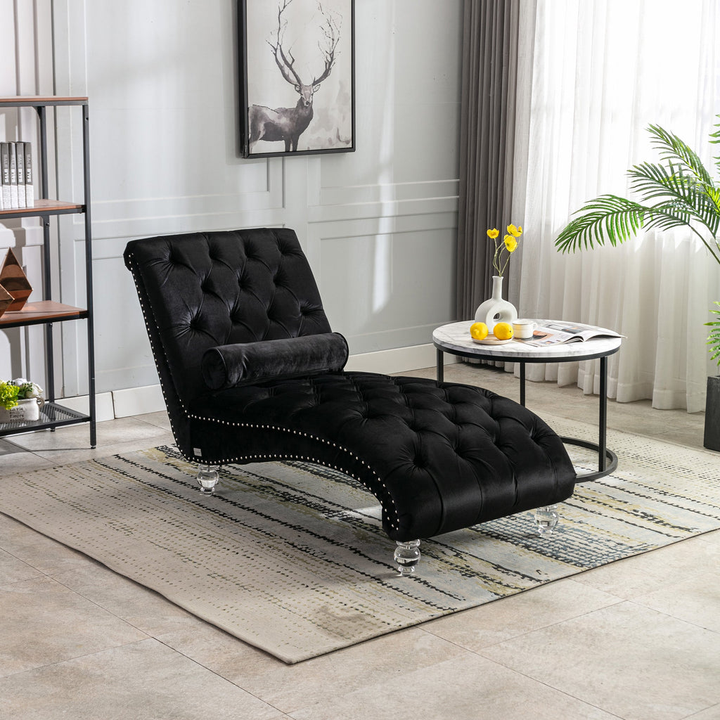 Velvet Chaise Lounge — Button-Tufted with Pillow