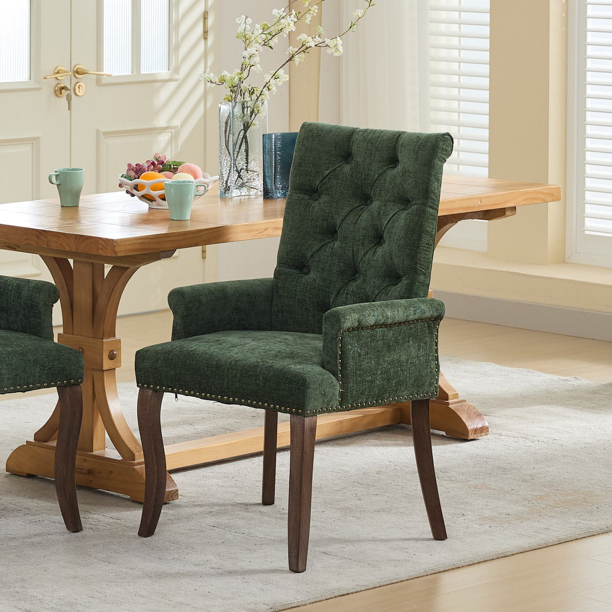Upholstered Chenille Fabric Accent Dining Chair, Curved Solid Wood Legs, Elegant Tufted Club Dining Room Kitchen Room Arm Dining Chair, Single Pack,Olive Green,SW1895OL