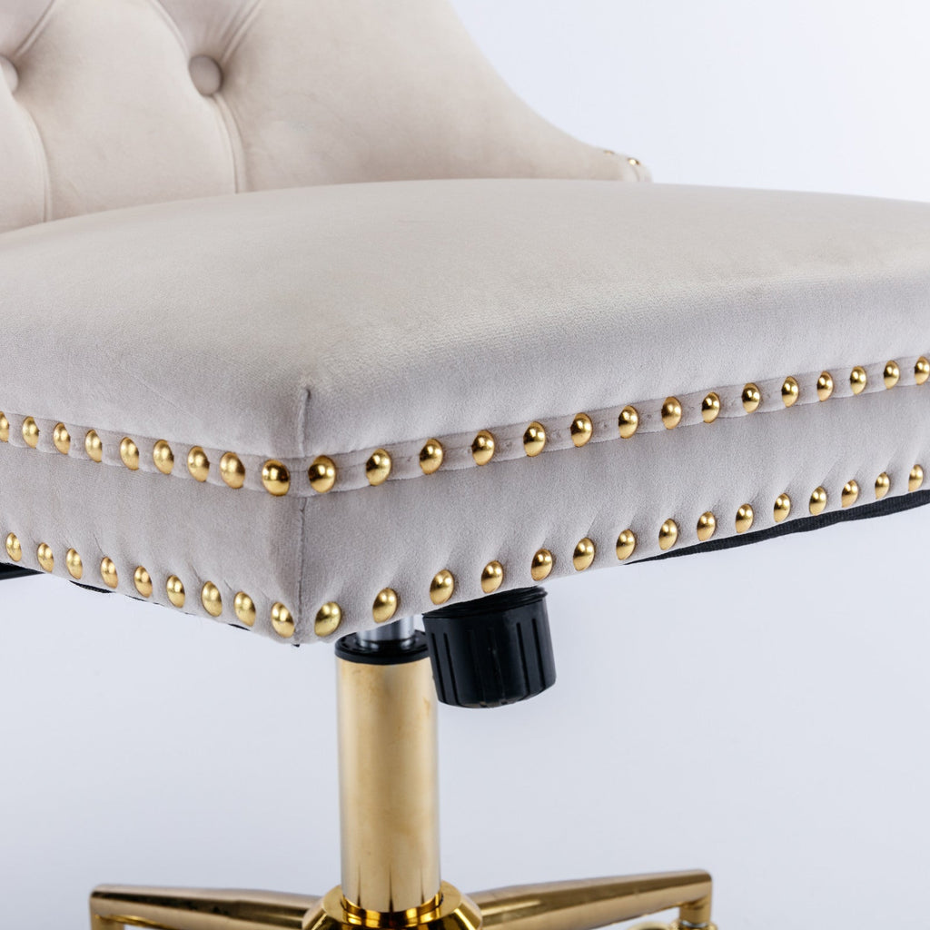 Velvet Office Chair — Button-Tufted with Gold Metal Base & Wheels