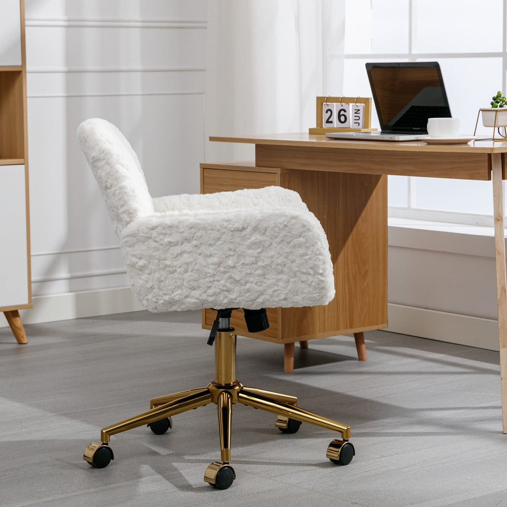 Faux Fur Office Chair — 40° Reclining with Gold Metal Base & Wheels