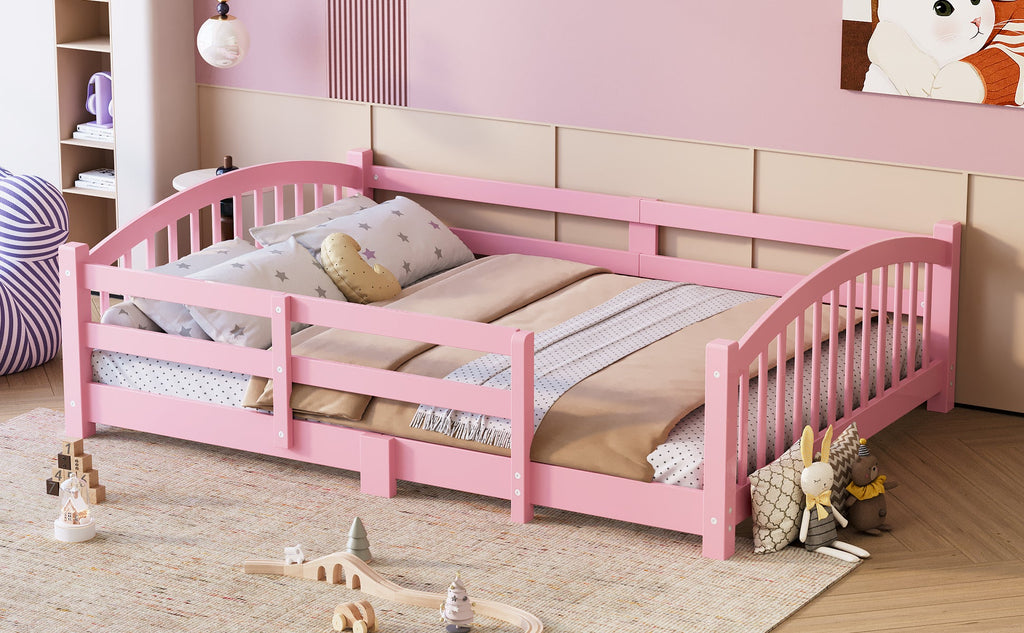 Full Montessori Floor Bed with Slats and Safety Guardrails, Solid Wood Floor Bed with Fence and Without Door, Easy Assemble Montessori Bed for Girls and Boys, Gray