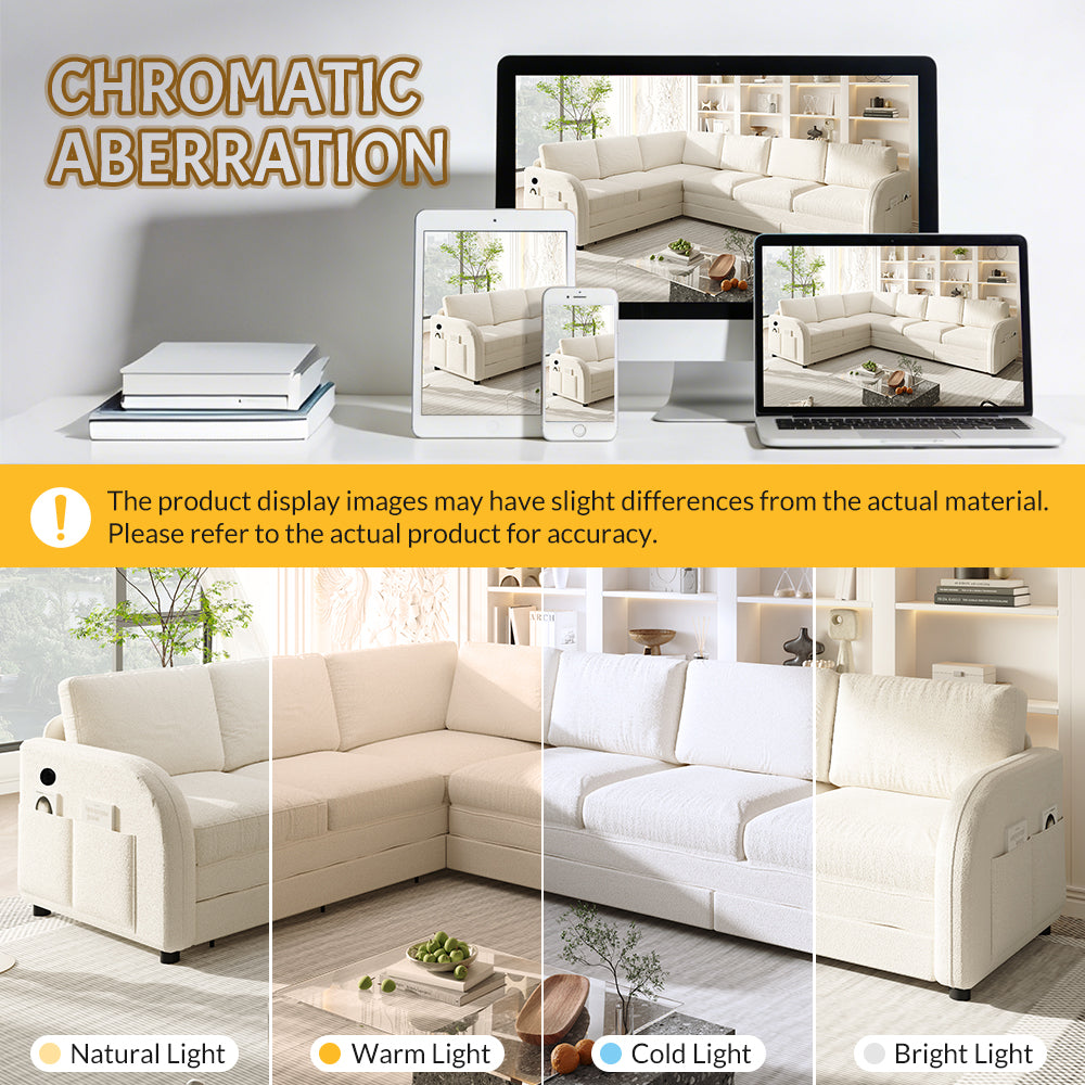 115.2' L-Shaped Sofa Couch with Pull-Out Bed,Oversize Convertible Sleeper Sofa with side Pocket & USB Port,Teddy Upholstered Sectional Couches with Convert Left/Right Facing, Light Grey