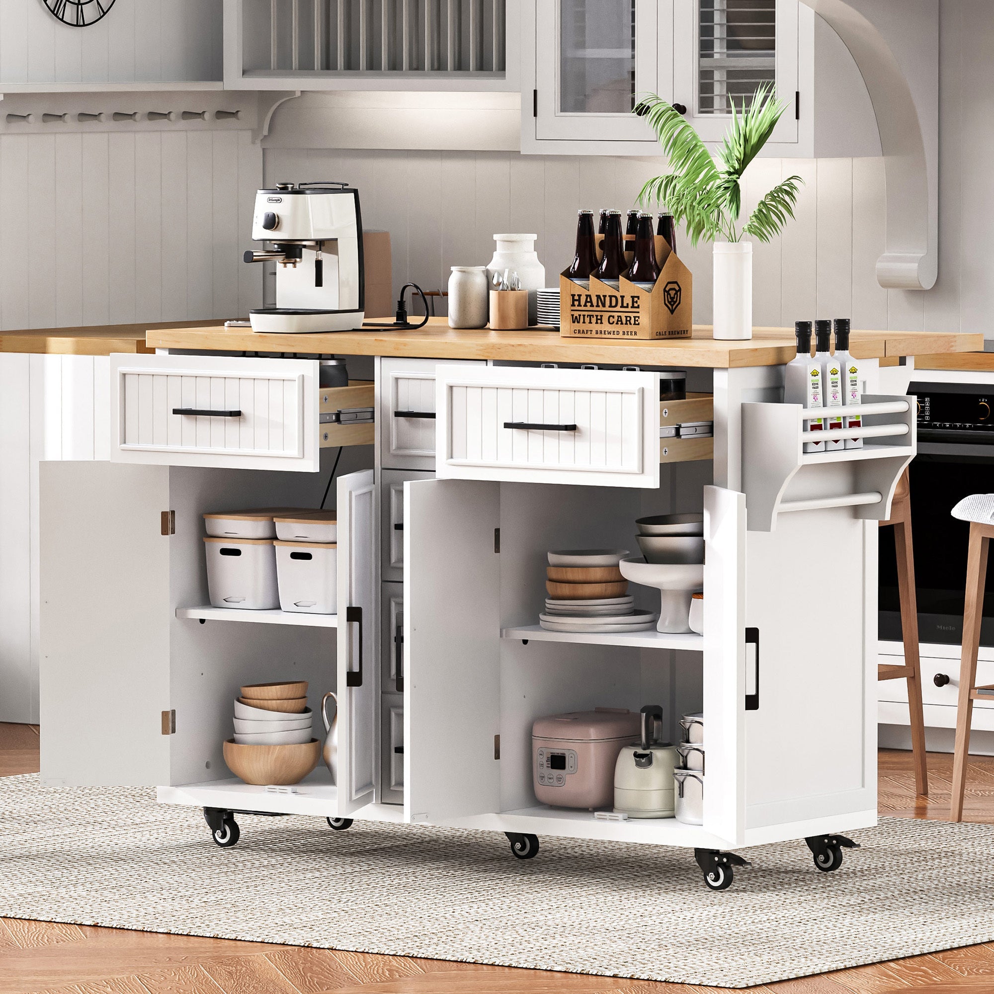 K&K 56.5'' Kitchen Island with Drop Leaf, Power Outlet, Embossed Vertical Stripe Rolling Kitchen Cart on Wheels with 4 Doors , 5 Deep Drawers and Adjustable Shelves, for Kitchen, Dining Room, Black