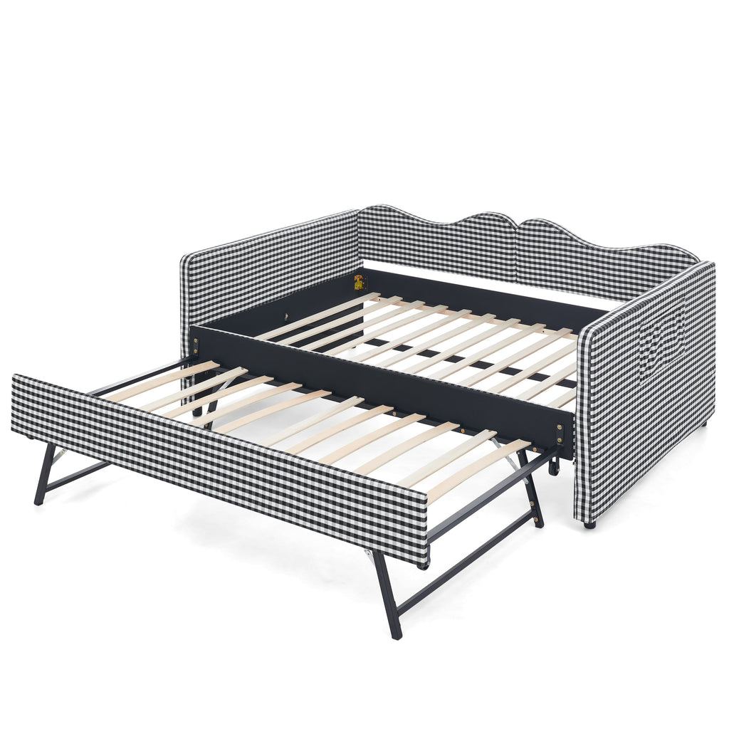 Full‑Size Daybed,Gingham Upholstered Daybed Equipped with Pull-Out Trundle Bed Frame & Side Storage Pocket, Solid Wood Frame Multi-Functional Sofa Bed for Kids Room & Guest Bedroom-PINK