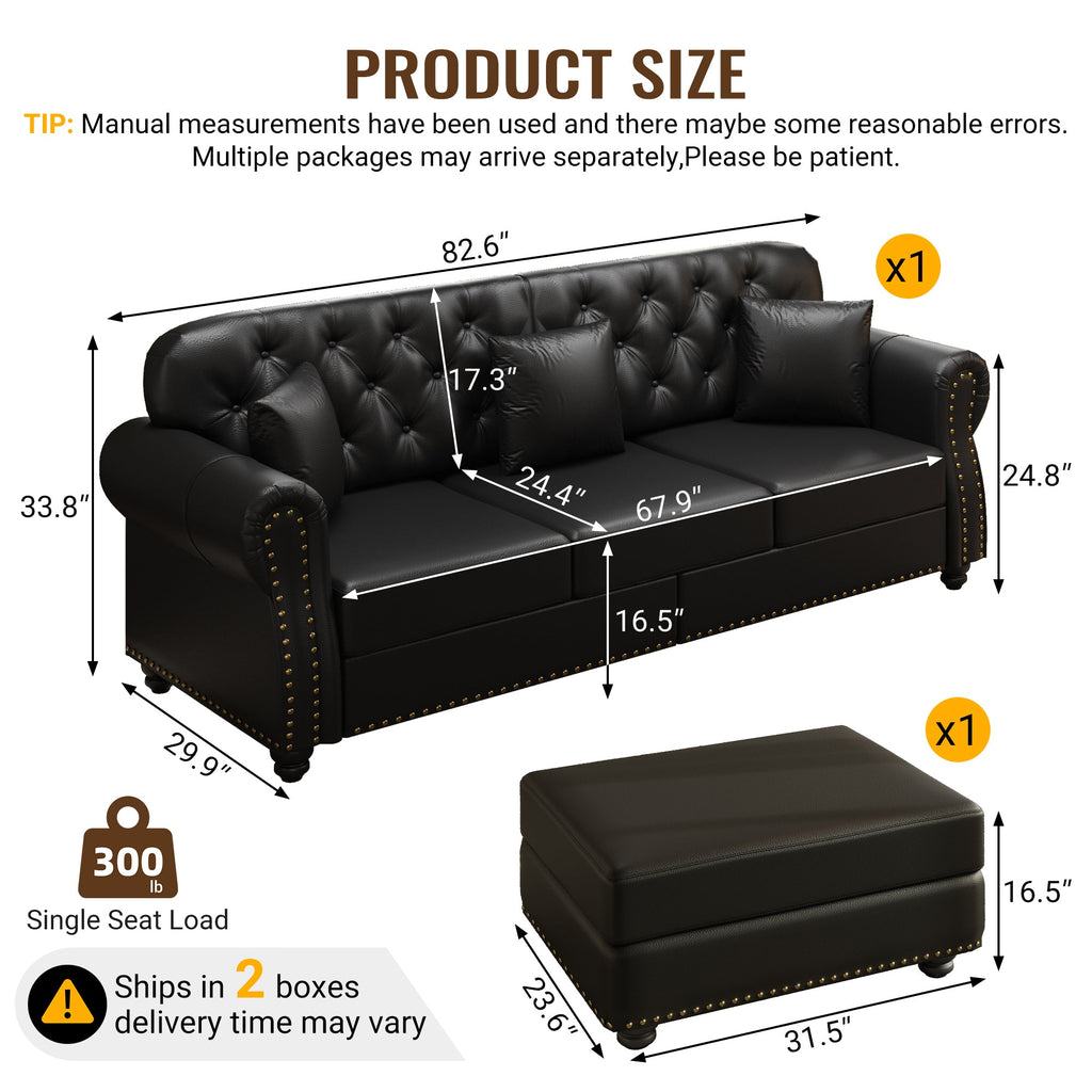 82.6'Upholstered Faux Leather Sofa with Nailhead Trim and Rolled Armrests,Mid-Century Modern Chesterfield Sofa with Button Tufted,Includes 3 Pillows,Black