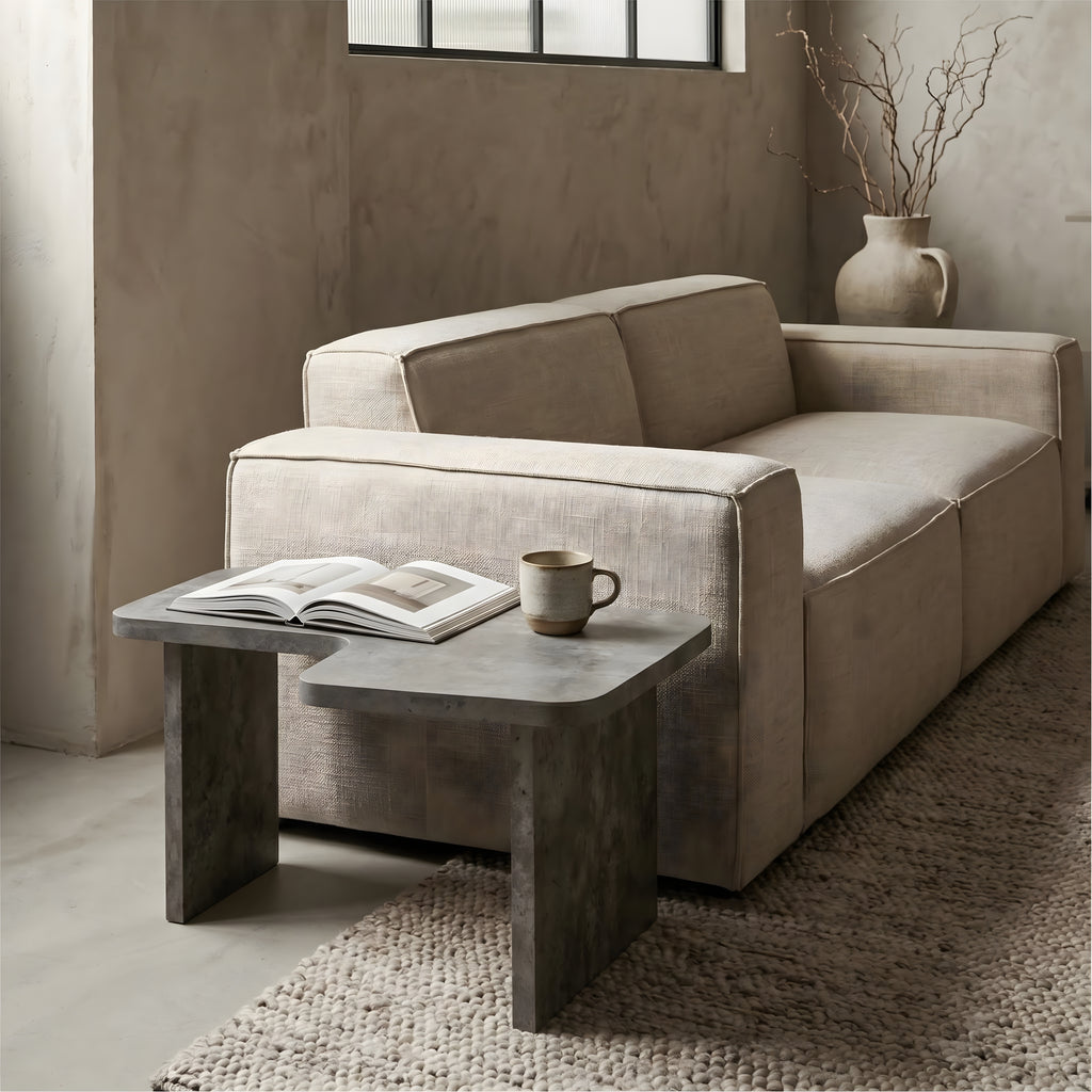 Gray industrial coffee table with slab legs detail