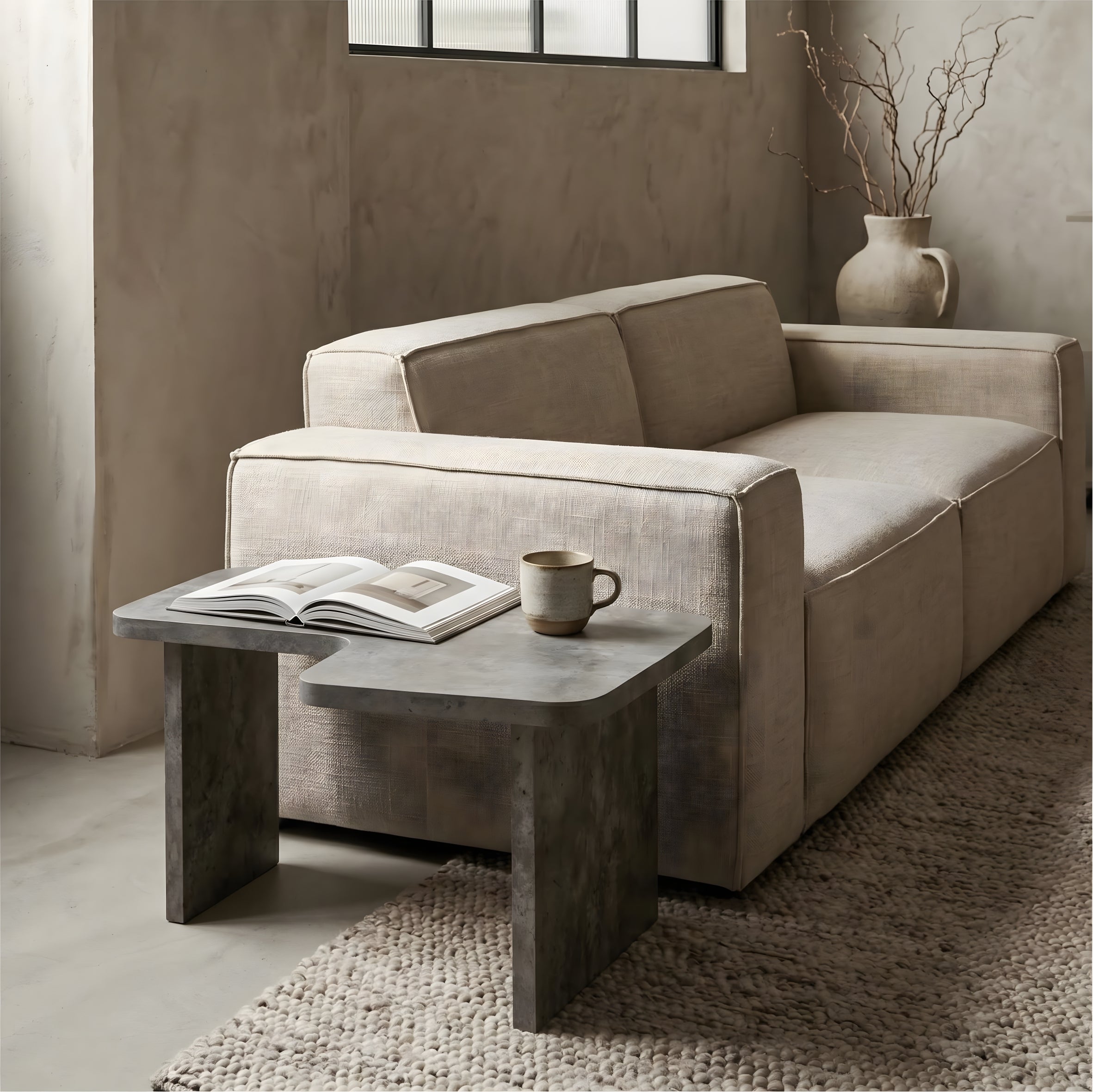 Gray industrial coffee table with slab legs detail