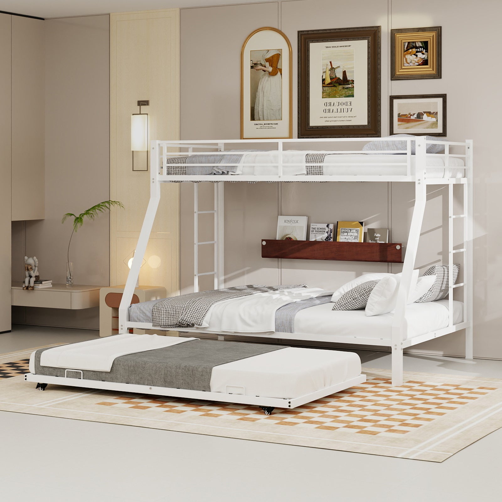 Metal Triple Bunk Bed Twin-XL Over Queen with Pull-Out Twin Trundle – Durable White Steel Frame, Space-Saving Solution for Large Families & Guest Rooms